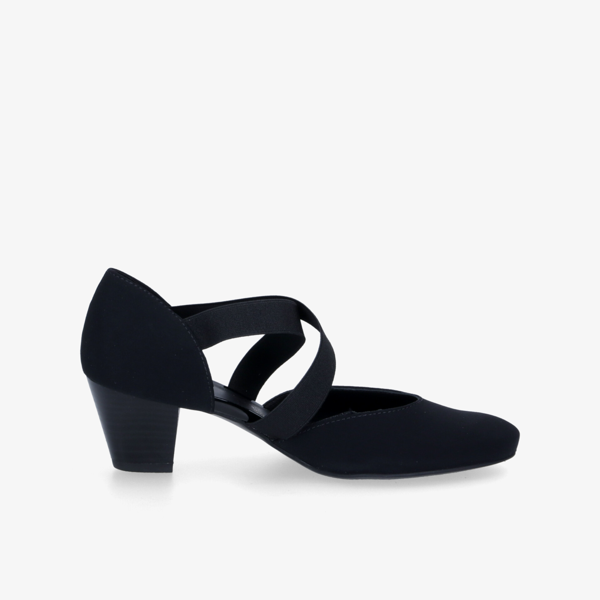Eleganter schwarzer Schuh mit mittelhohem Absatz und überkreuzten Riemen für stilvolle Anlässe.