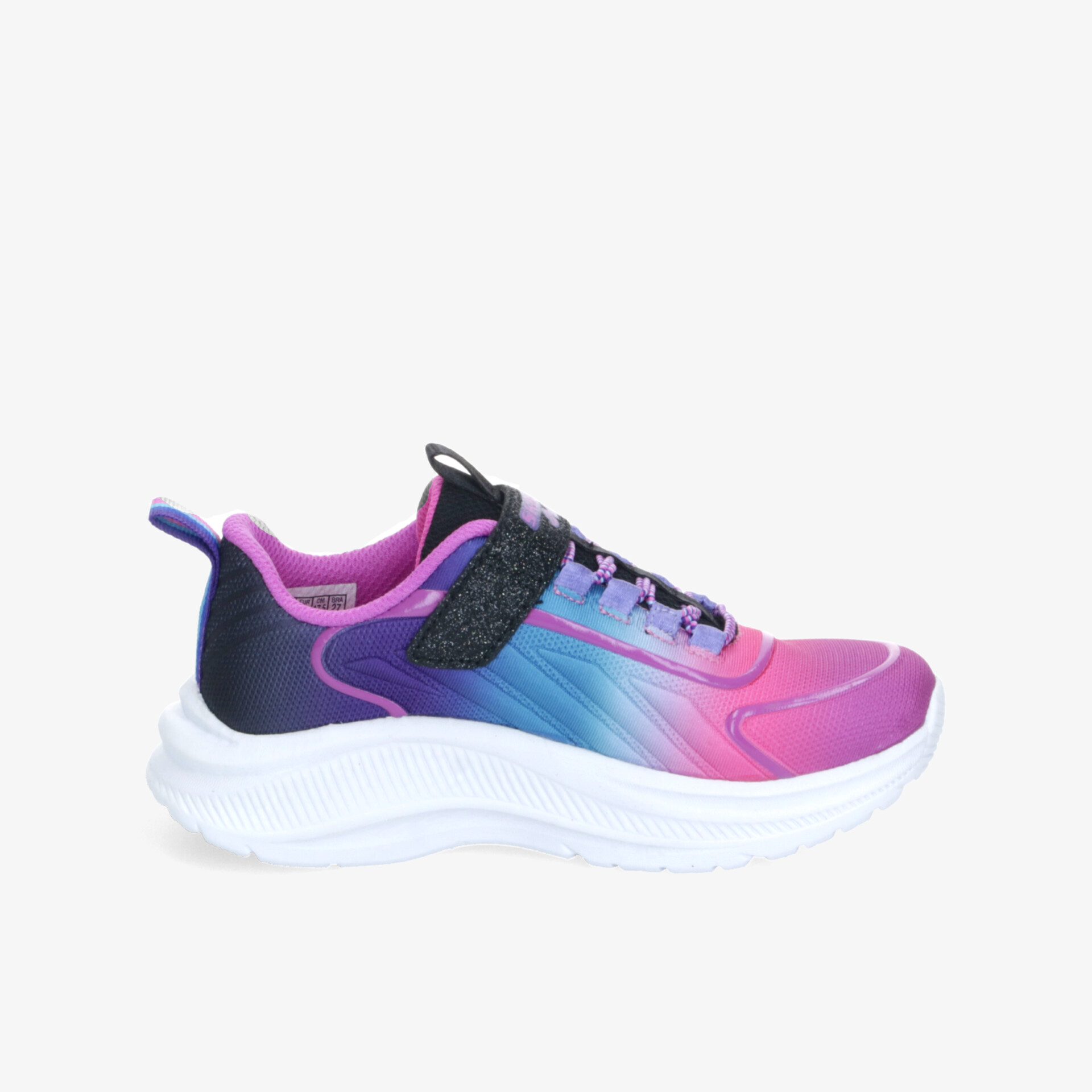 Seitliche Ansicht eines sportlichen Sneakers mit bequemem Schnitt und farbenfrohem Design in Pink und Blau