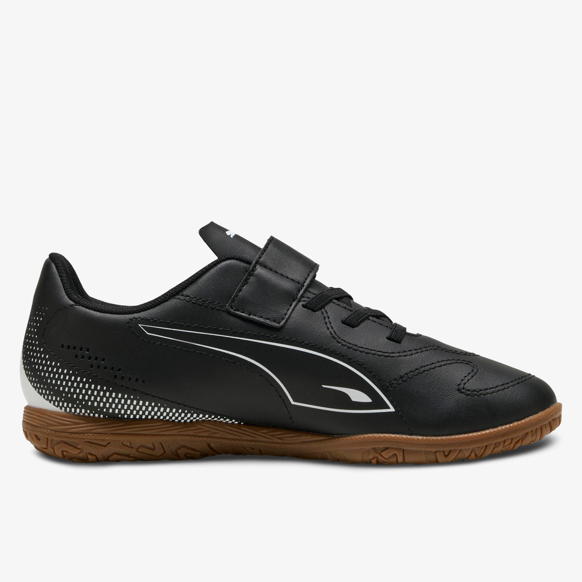 schwarzer Indoor Schuh mit rutschfester Sohle und Klettverschluss, seitliche Ansicht, sportliches Design