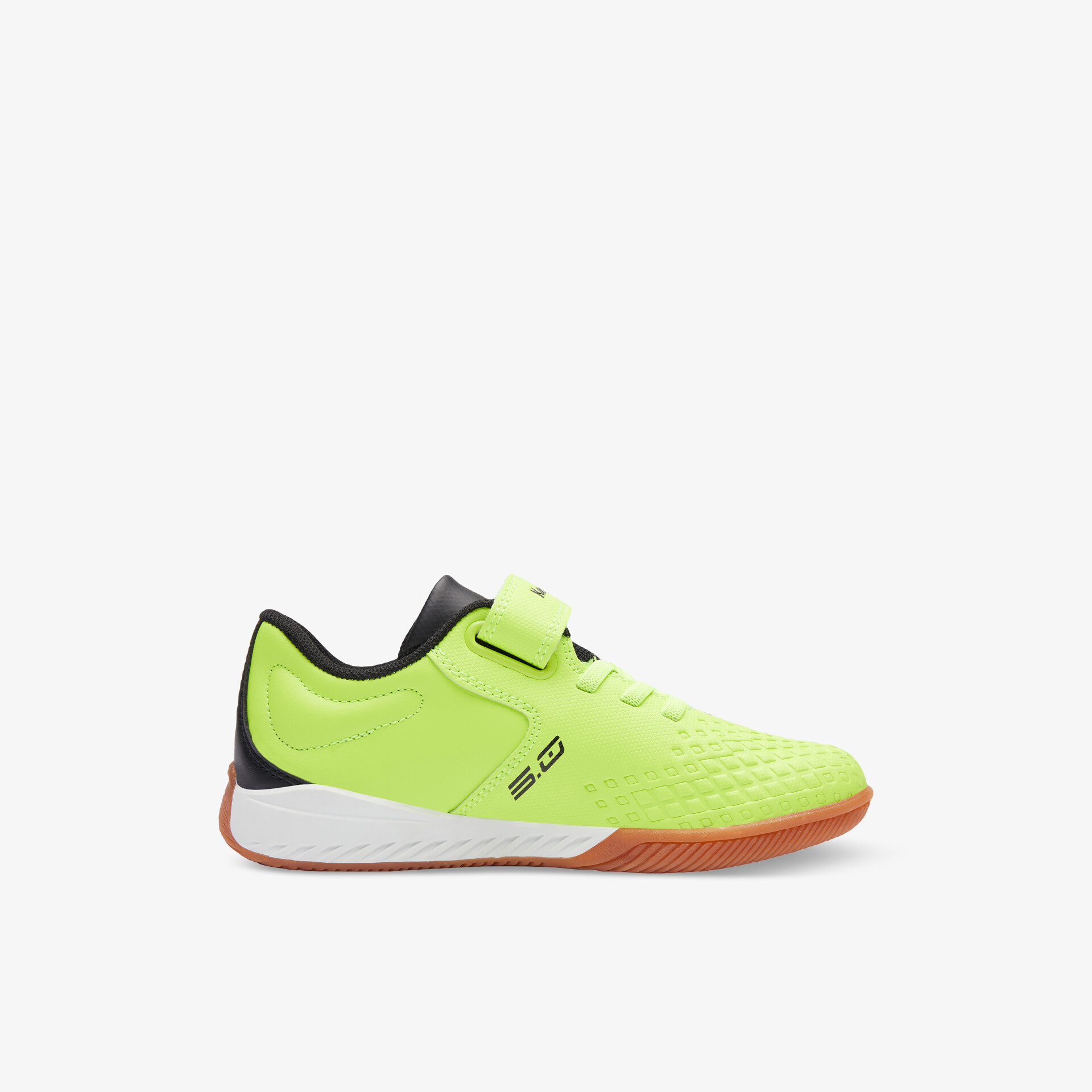 Neon-grüner Hallenschuh mit Klettverschluss und rutschfester Sohle für optimalen Halt und Komfort.