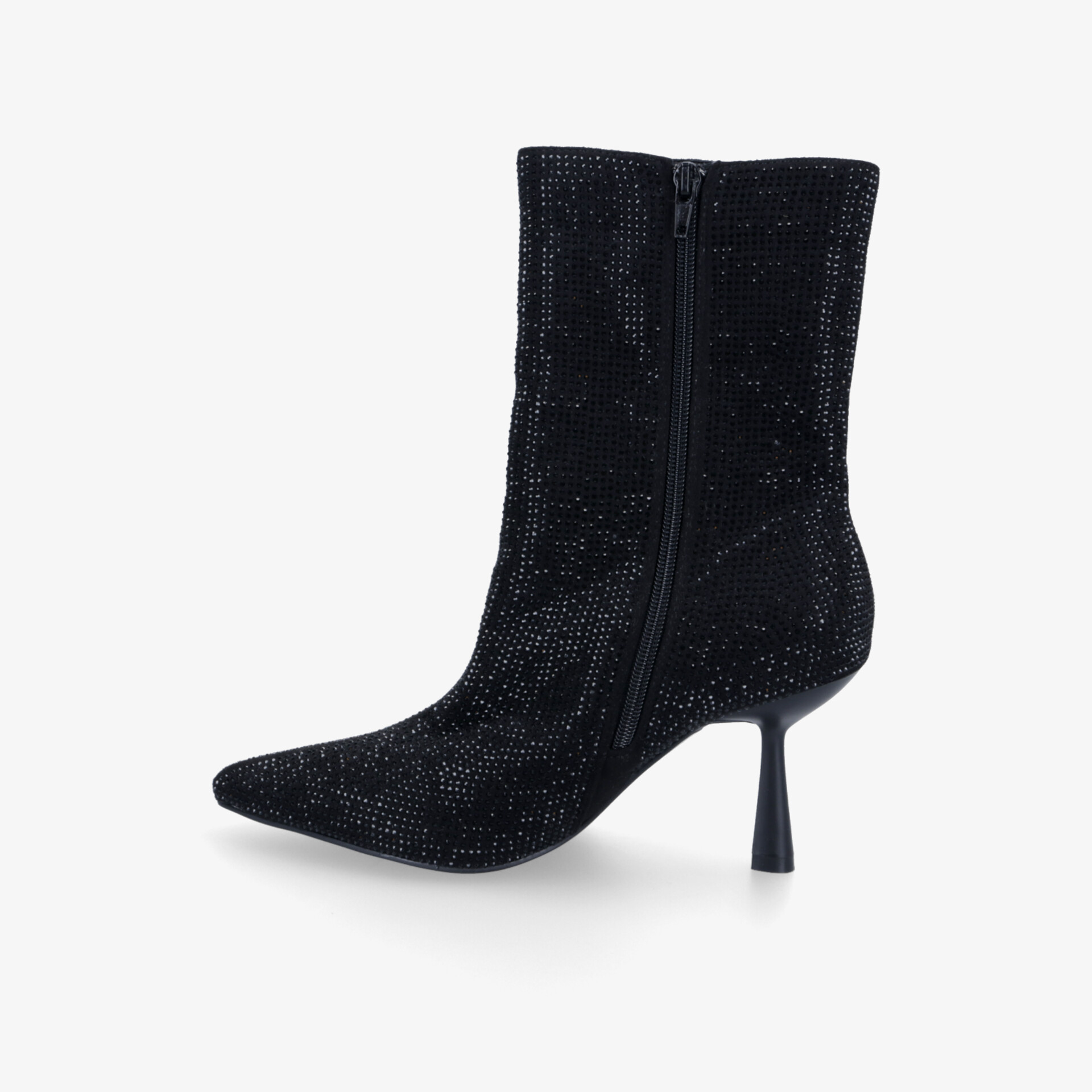 Eleganter schwarzer Samtstiefel mit schlankem Absatz und praktischem seitlichen Reißverschluss für stilvollen Komfort