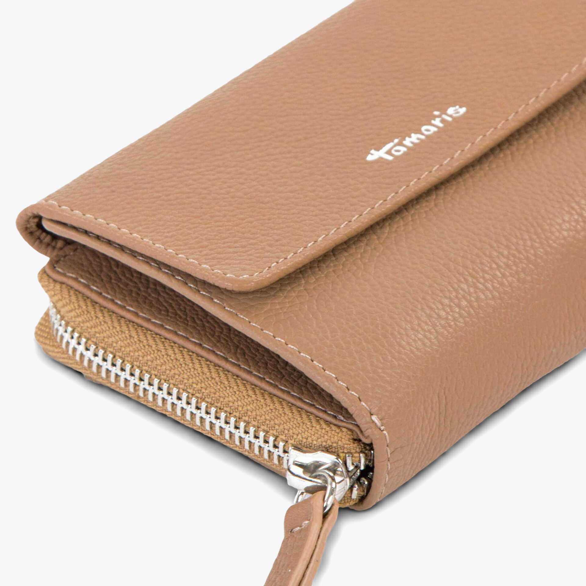 Elegante braune Geldbörse aus feinem Kunstleder mit Reißverschluss und dezentem Logo, kompakt und handlich