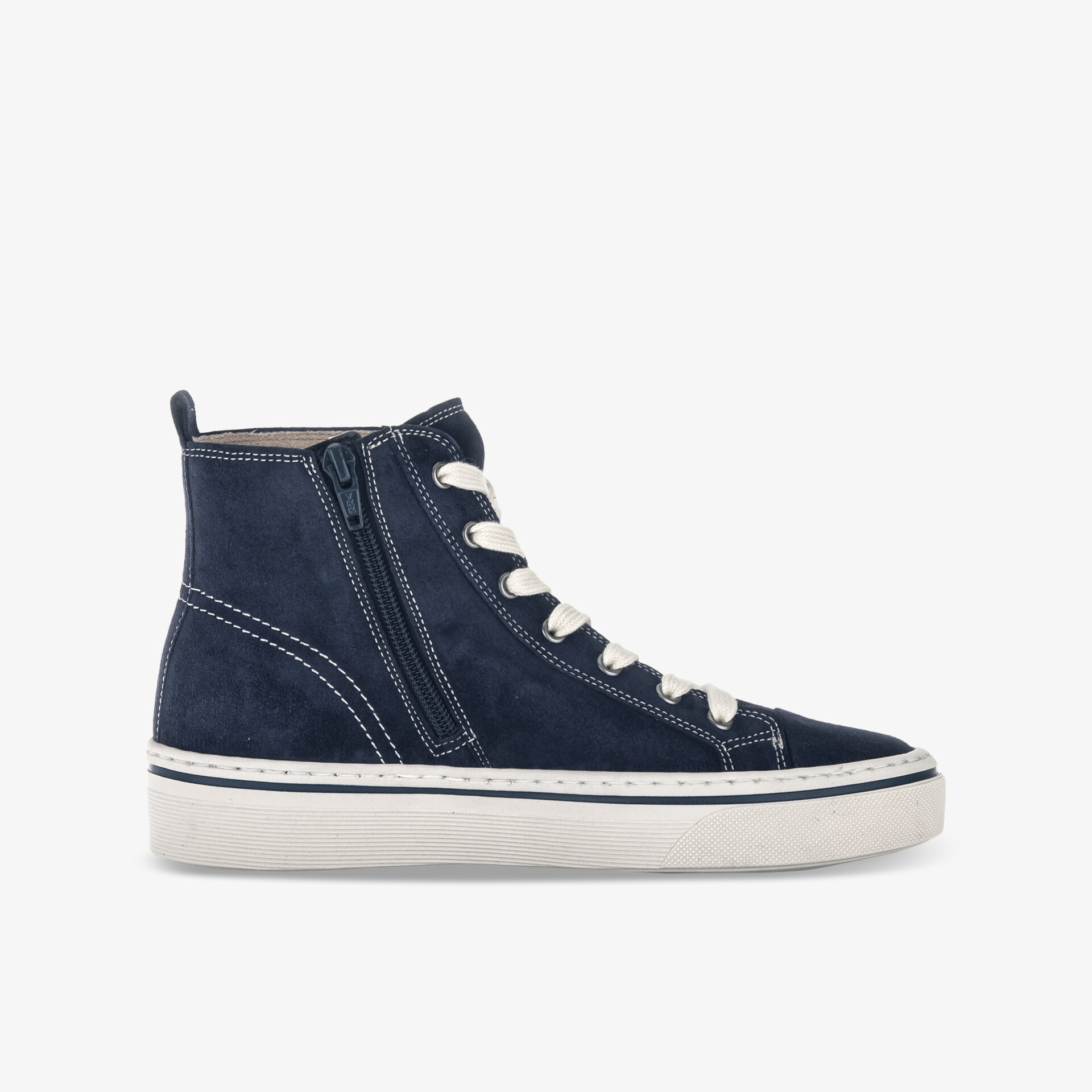Moderner High-Top Sneaker in Blau mit seitlichem Reißverschluss und weißer Gummisohle für Komfort und Stil