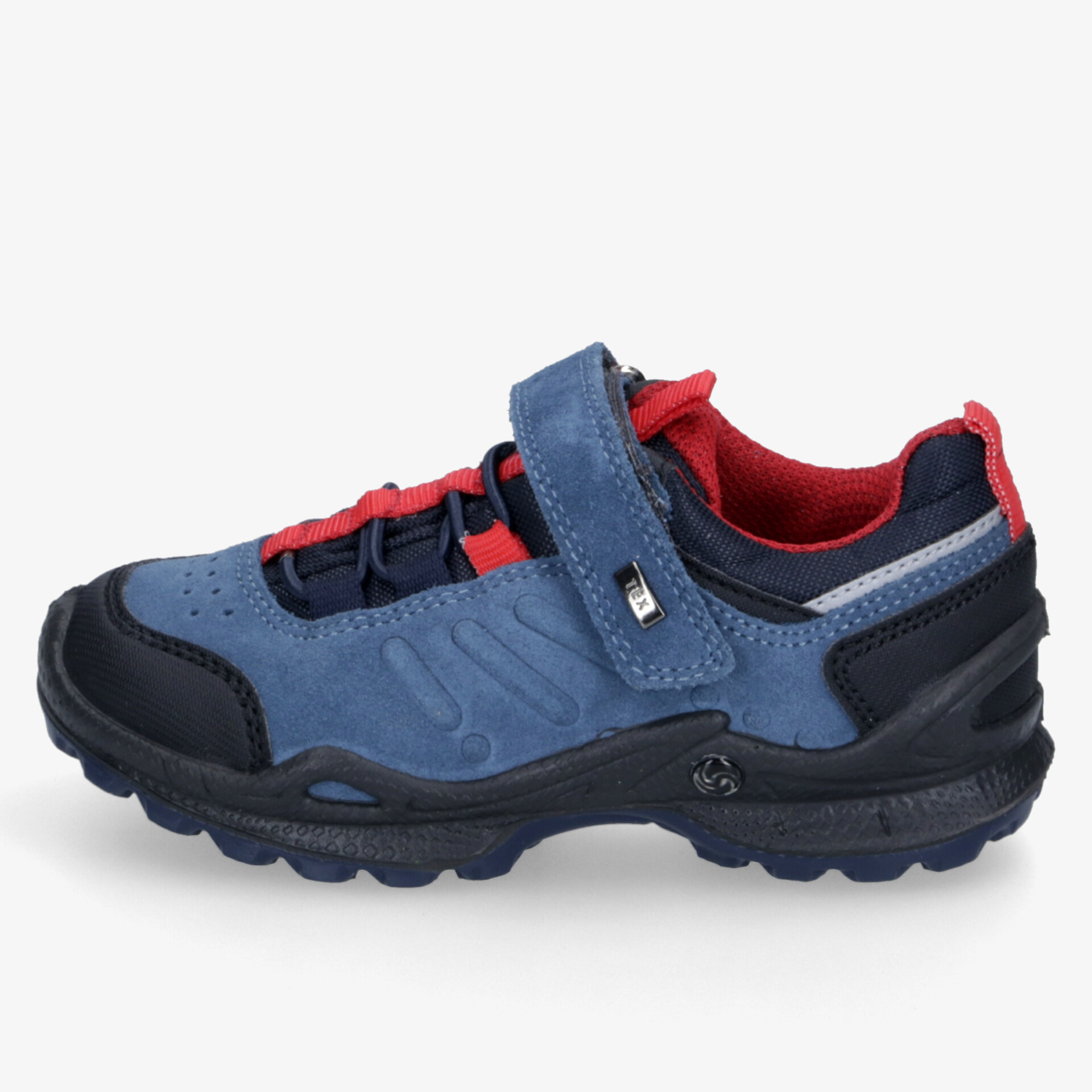 robuster sportlicher Schuh in Blau mit rotem Innenfutter, Klettverschluss und profilierter rutschfester Sohle seitlich