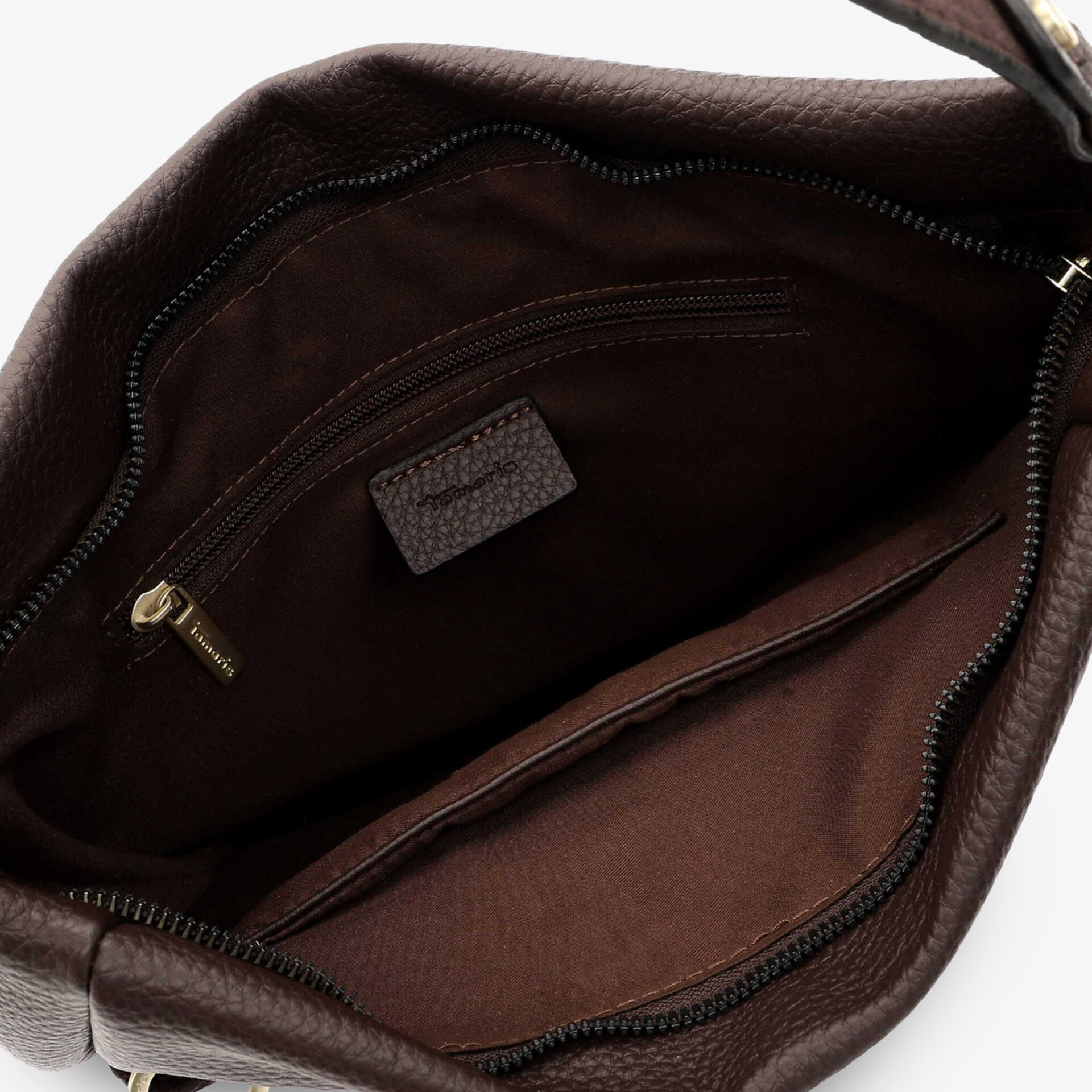 Geräumiges Innenfach einer Tasche mit Reißverschluss und Organisationsfächern, feines braunes Innenfutter