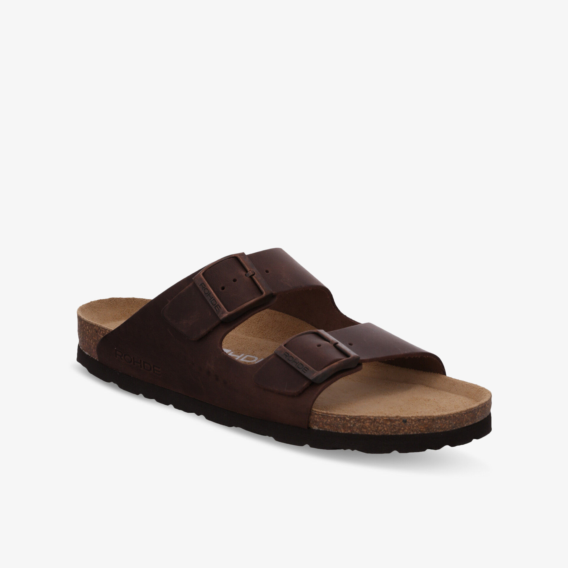 Bequeme braune Sandale mit zwei verstellbaren Riemen und griffigem Korkfußbett für optimalen Tragekomfort.