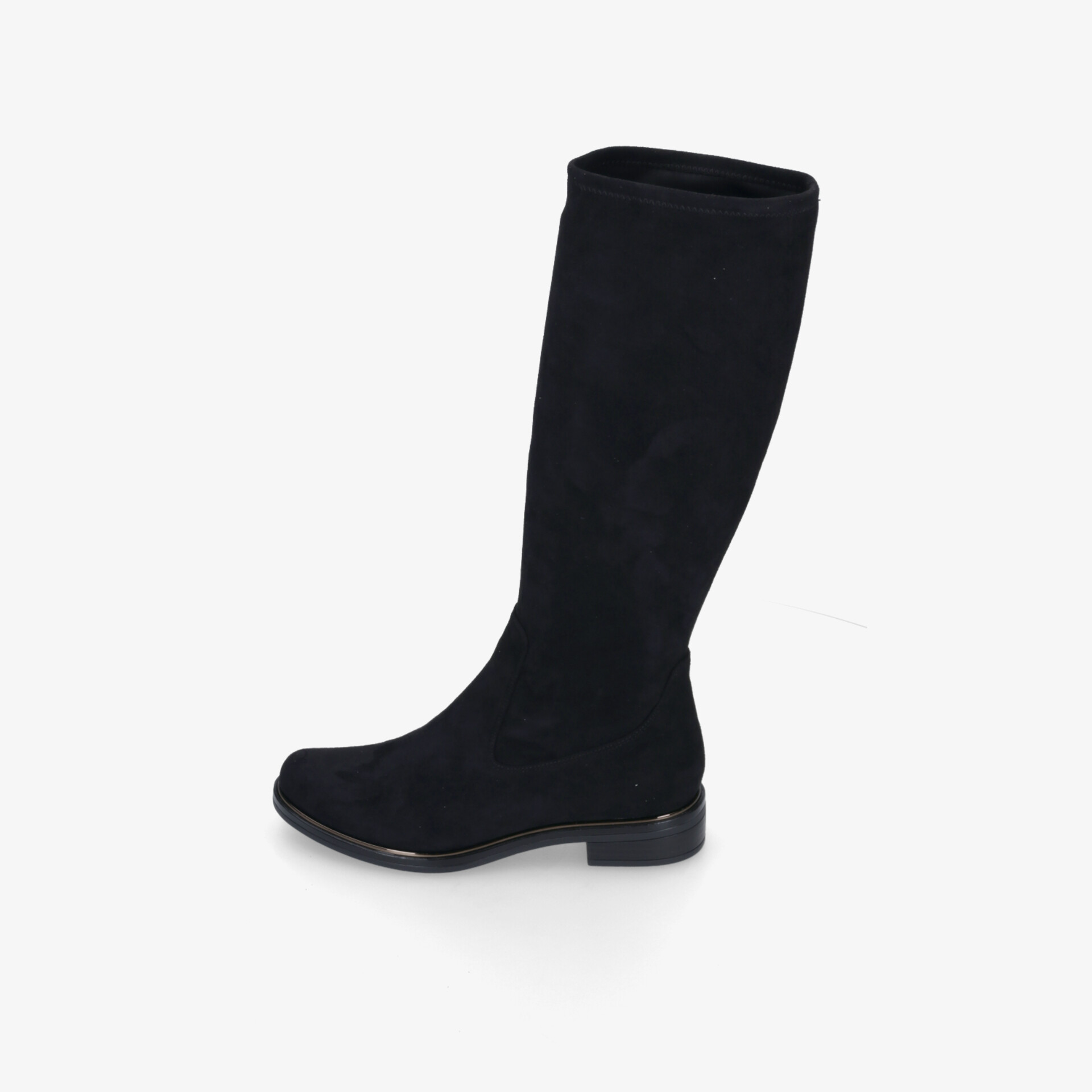 Eleganter schwarzer hoher Stiefel mit robustem Absatz und glatter Oberfläche in klarer Seitenansicht