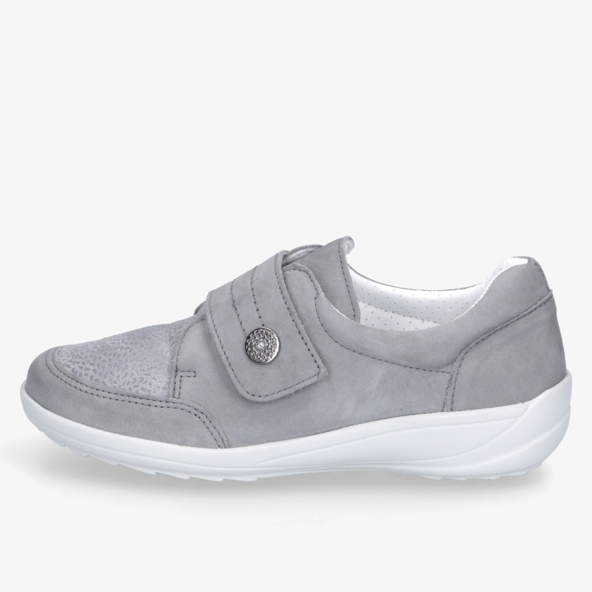 Grauer Halbschuh mit verstellbarem Klettverschluss und rutschfester weißer Sohle, bequem und weich gepolstert
