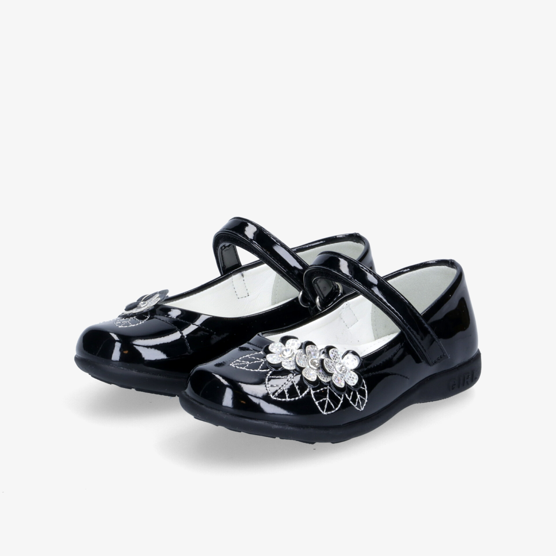 Elegante schwarze Lackschuhe im Mary Jane Stil mit bezaubernder Blumenverzierung, ideal für besondere Anlässe.