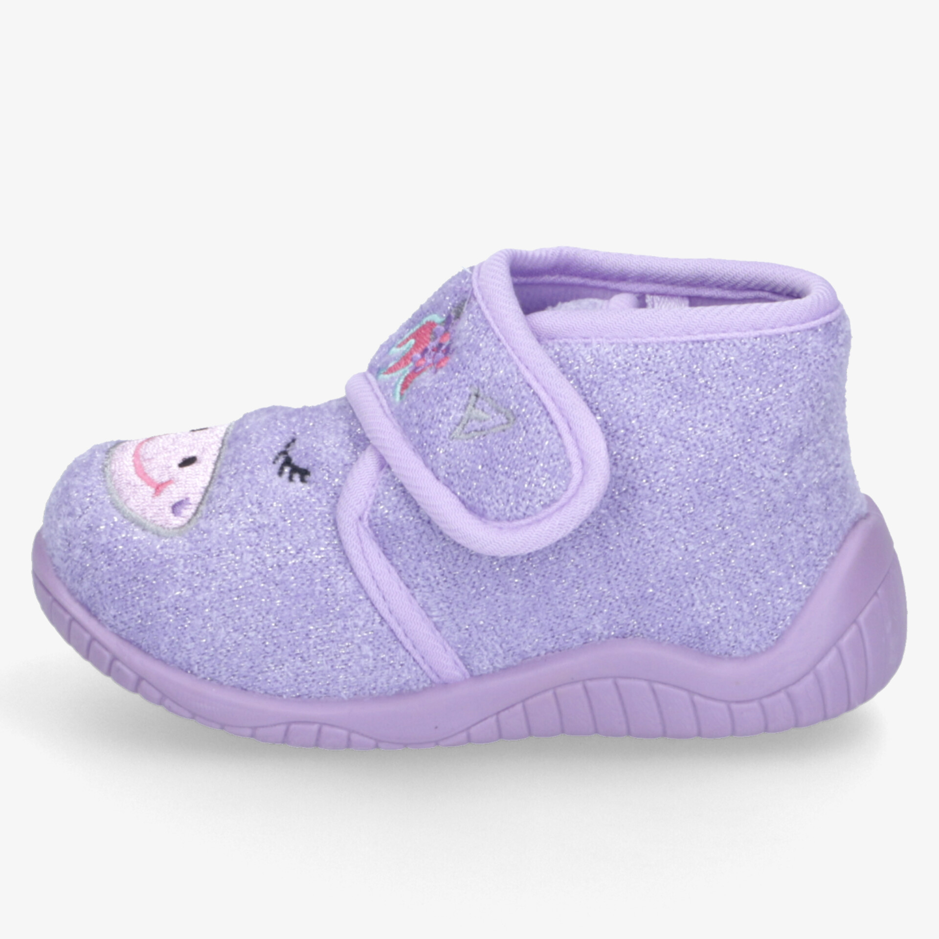 Weicher lila Kinder-Hausschuh aus Velours mit Klettverschluss und niedlichem Dekor, bequem und warm