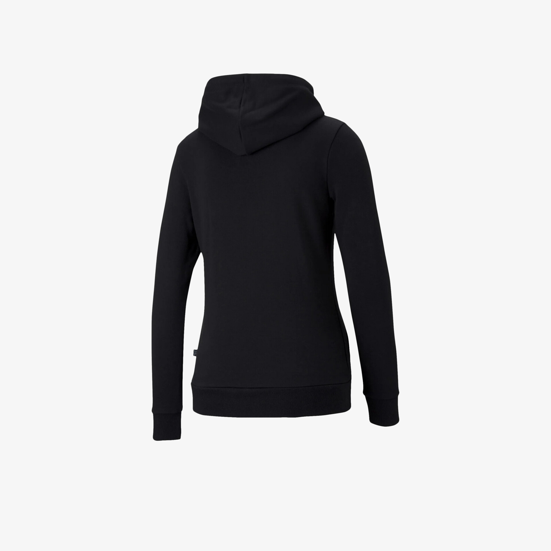 Schwarzer Kapuzenpullover in Rückansicht mit Kapuze, elastischen Bündchen und komfortablem, langem Schnitt