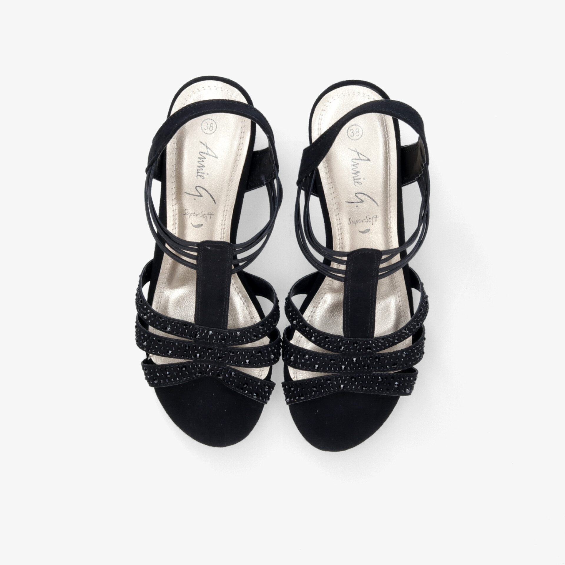 Elegante schwarze Sandaletten mit funkelnden Strassriemchen und mittelhohem Absatz für festliche Anlässe