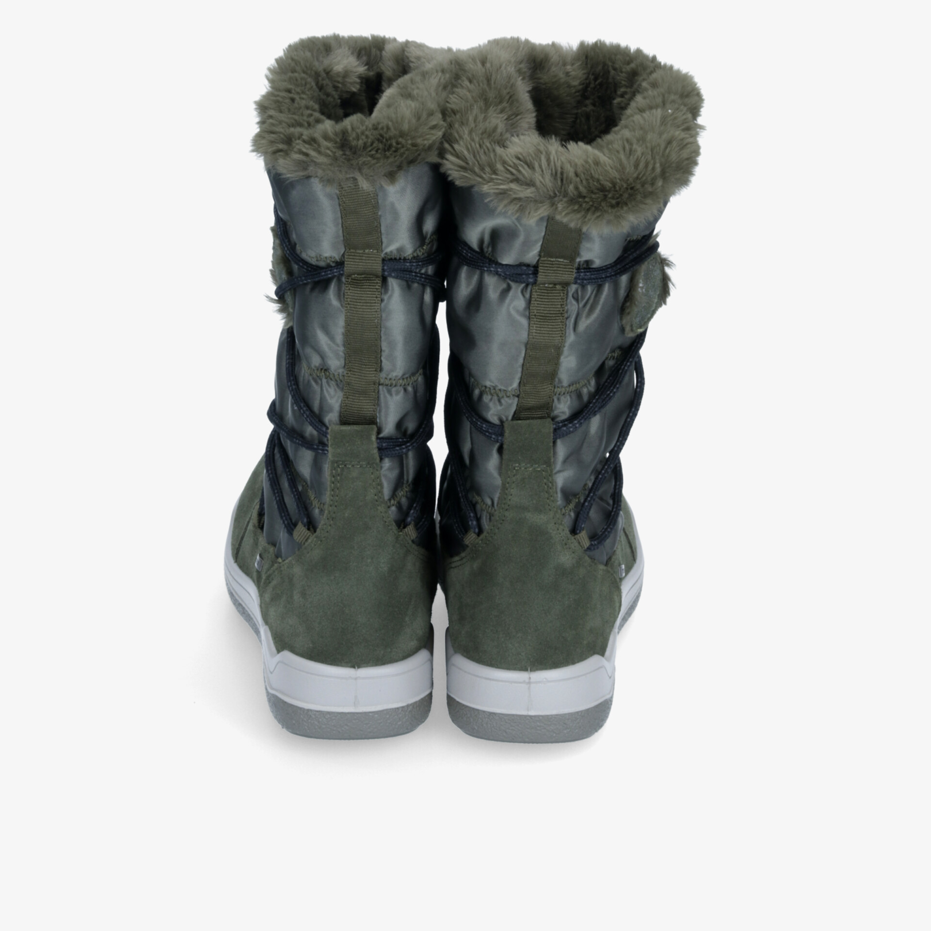 Robuste Winterstiefel mit warmem, flauschigem Futter und rutschfester Sohle im hinteren Blickwinkel