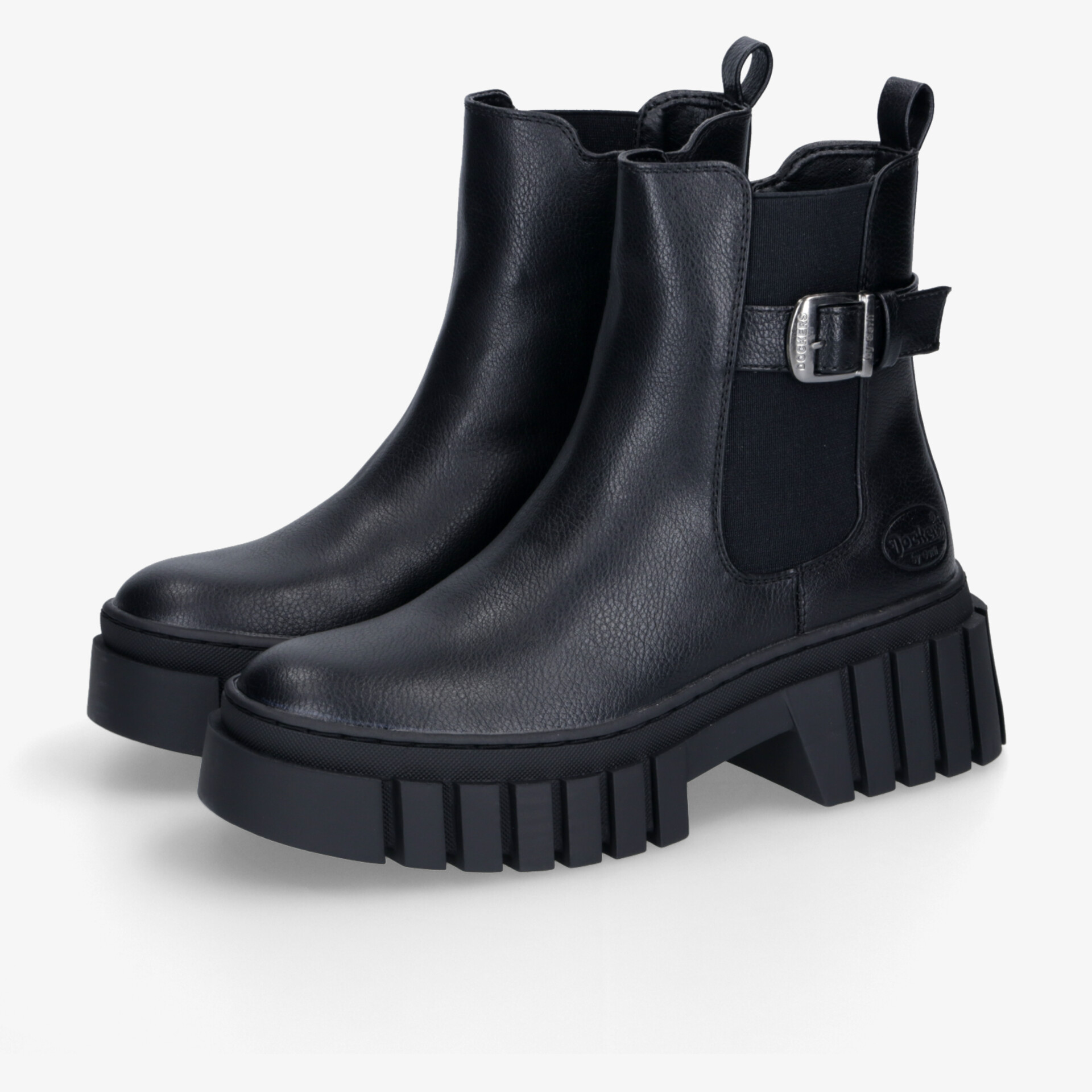 Robuste Chelsea Stiefel mit schwarzem Leder, dicker profilierter Sohle und verstellbarem Schnallenriemen