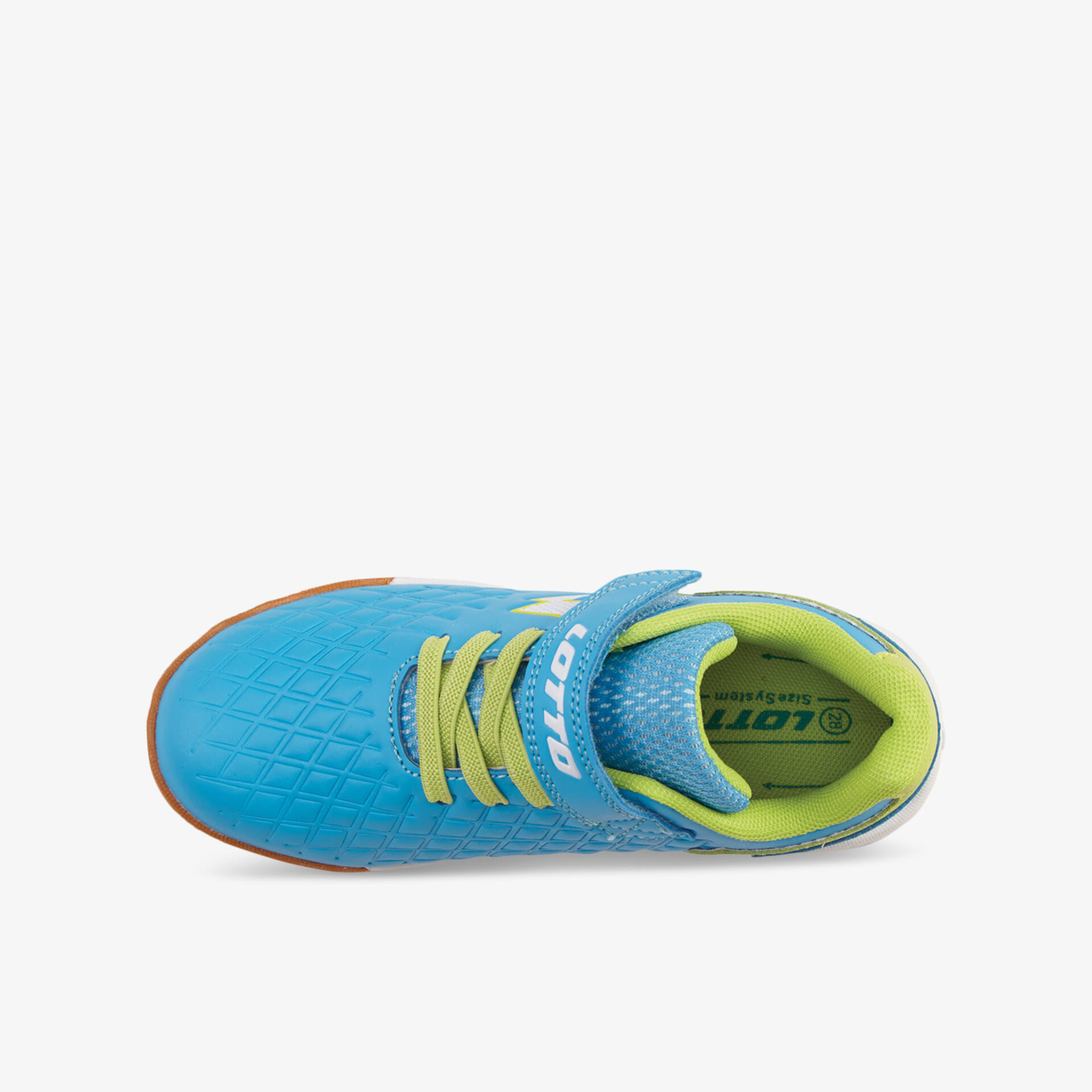 Blauer sportlicher Sneaker mit gelben Schnürsenkeln und gepolstertem Innenfutter in Draufsicht