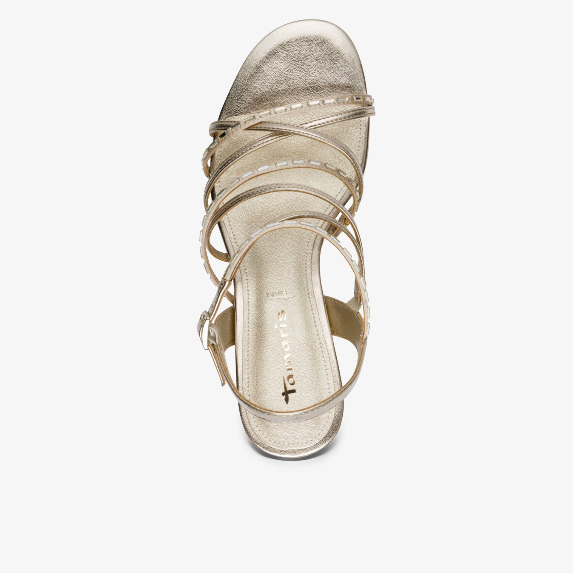 Elegante Riemchensandale mit schimmerndem Material und bequemem Absatz in Draufsicht