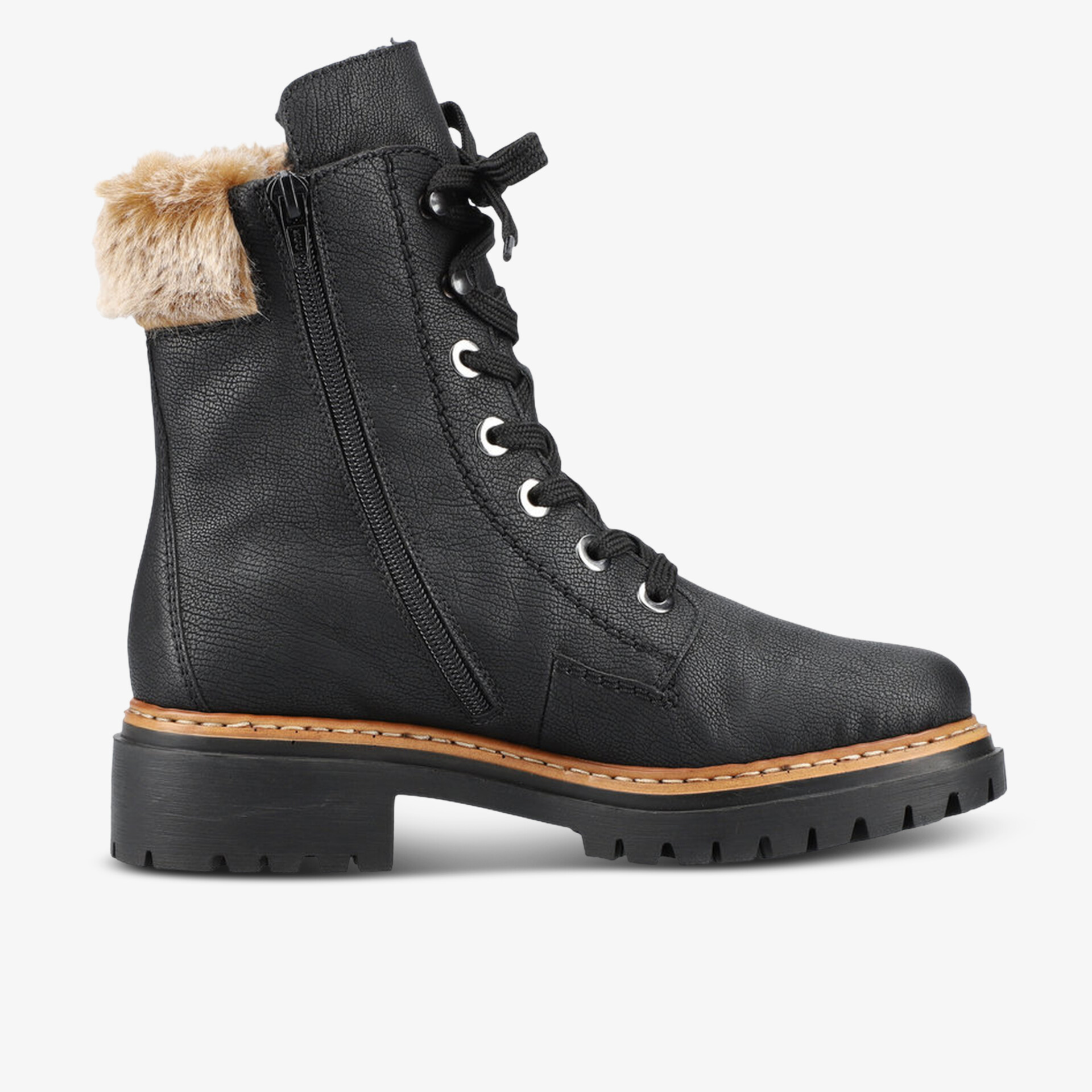 Schwarzer Winterboot mit warmem Fellkragen, robuster Profilsohle und stabiler Schnürung für hohen Komfort