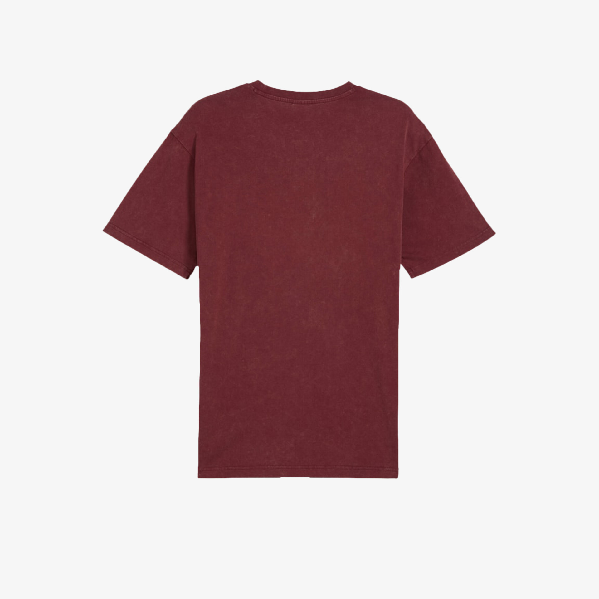 Rückenansicht eines bordeauxfarbenen T-Shirts mit kurzem Arm und schlichtem Design auf weißem Hintergrund