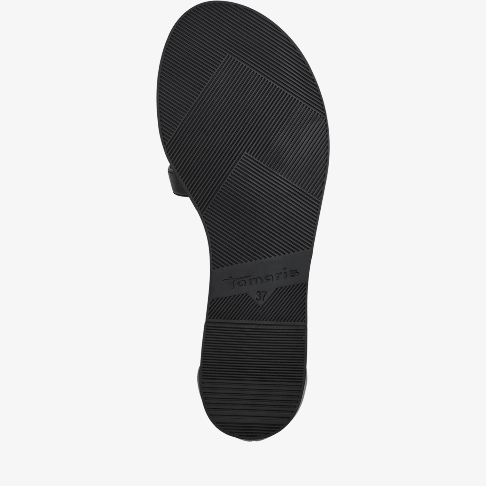 Robuste schwarze Schuhsohle mit rutschfestem Profil und flexiblen Kerben für hohen Tragekomfort