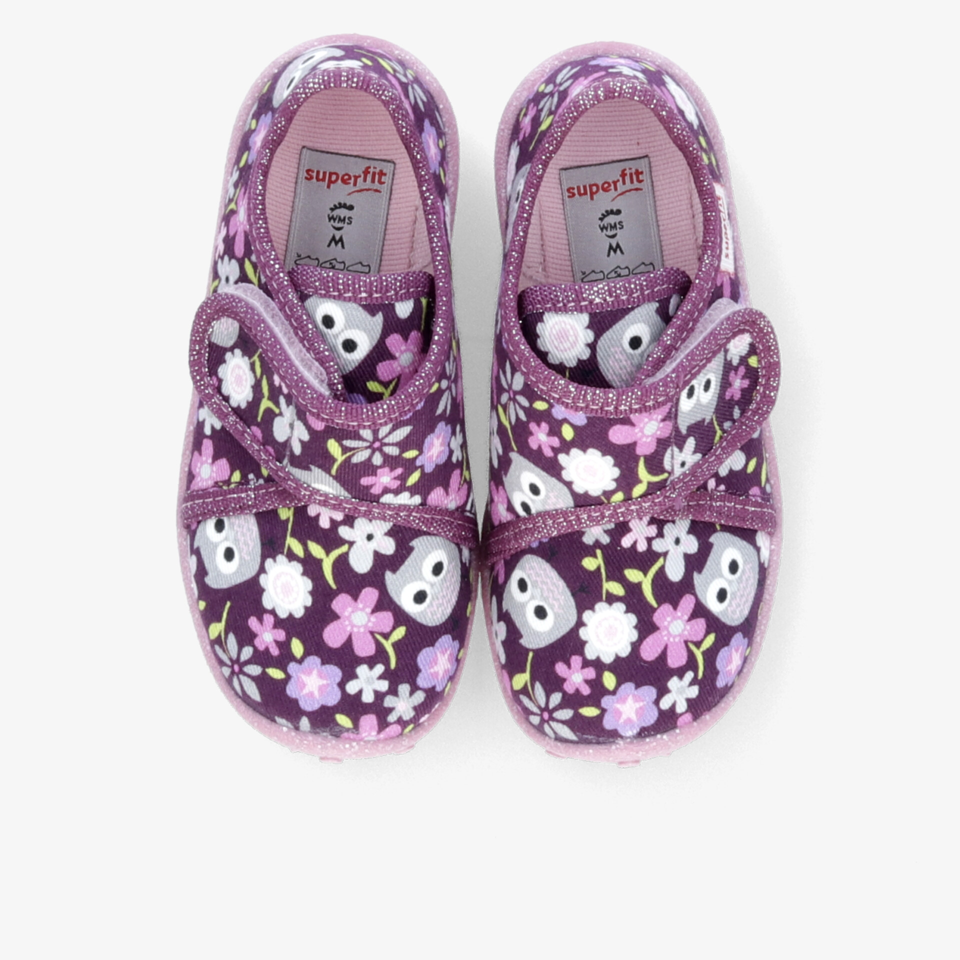 Bequeme violette Kinderhausschuhe mit Eulenmuster und Klettverschluss, weich gepolstert und rutschfeste Sohle