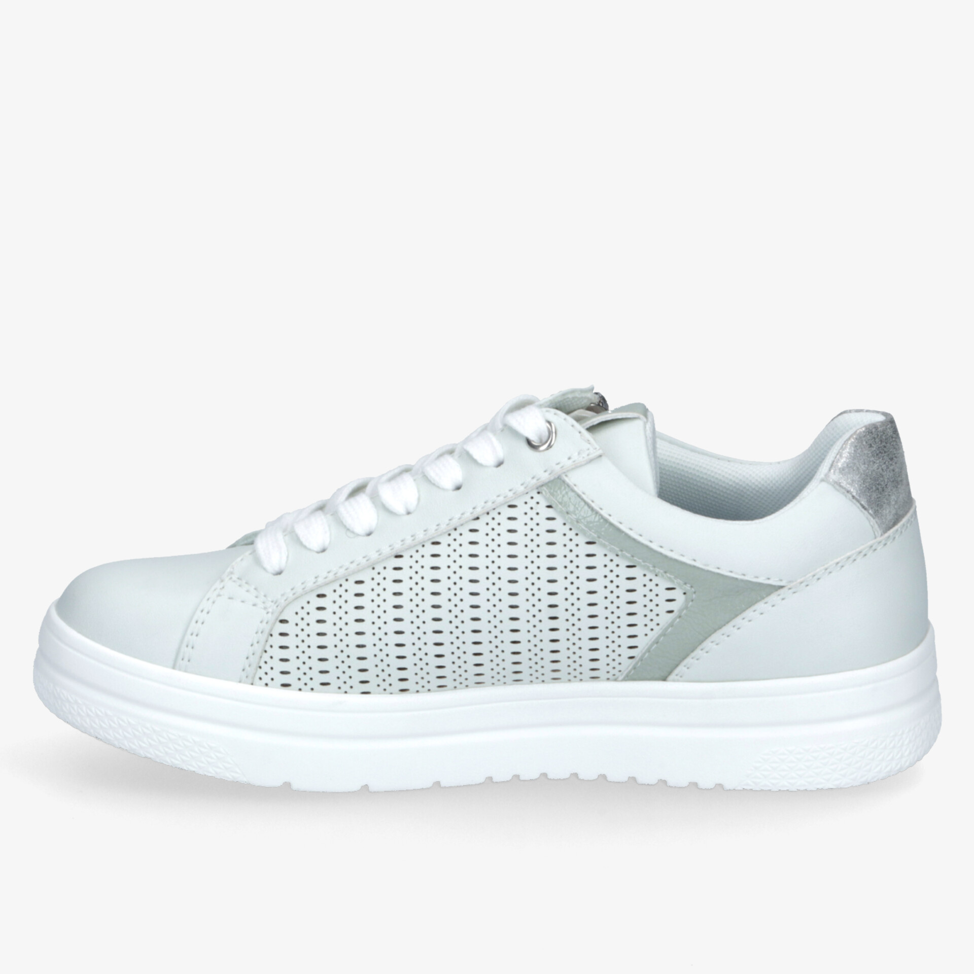 Weißer Sneaker mit atmungsaktivem Mesh-Einsatz und modischem Design. Ideal für sportliche und lässige Anlässe.