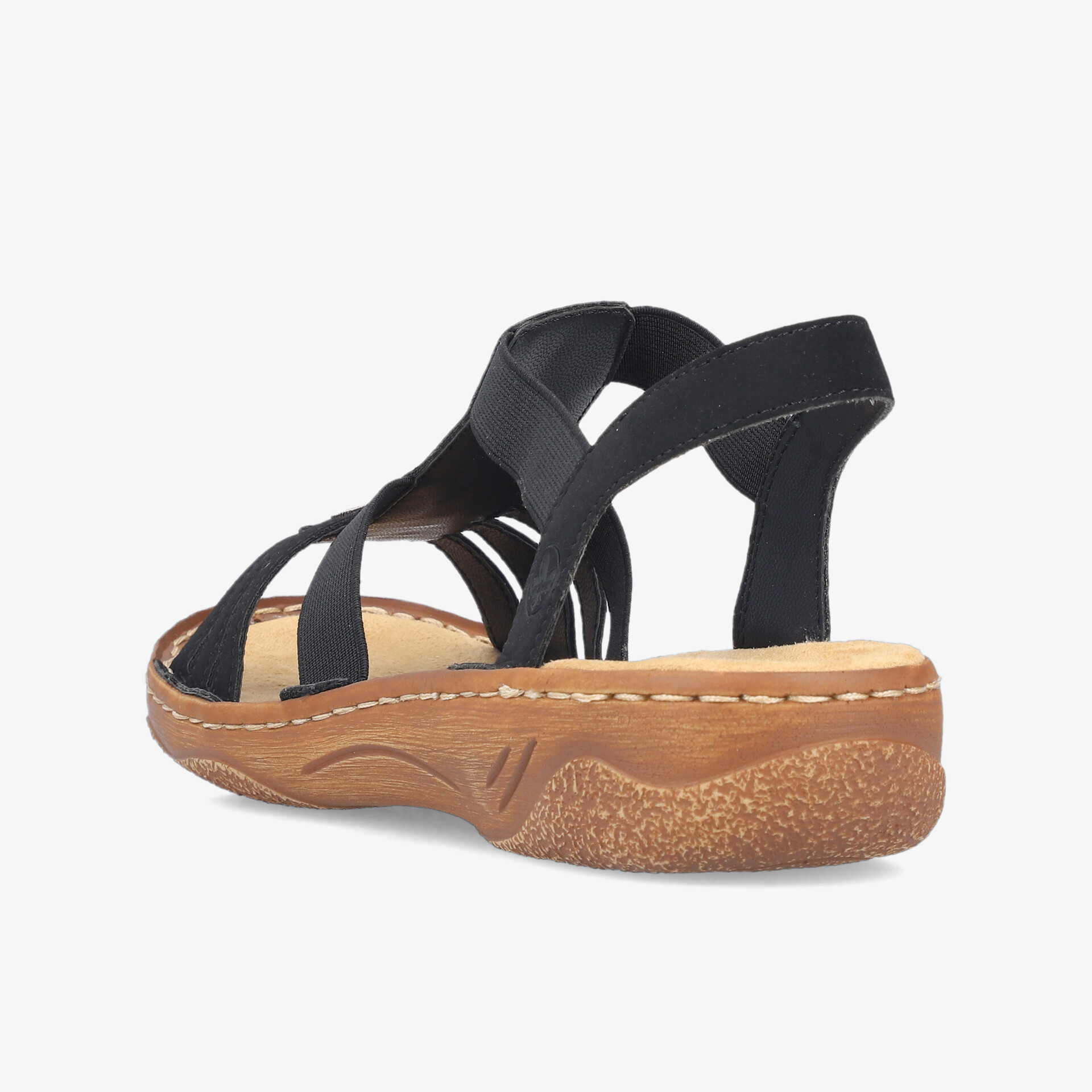 Schwarze Sandale mit gepolsterter, flexibler und rutschfester Sohle sowie elastischen Riemen für optimalen Komfort