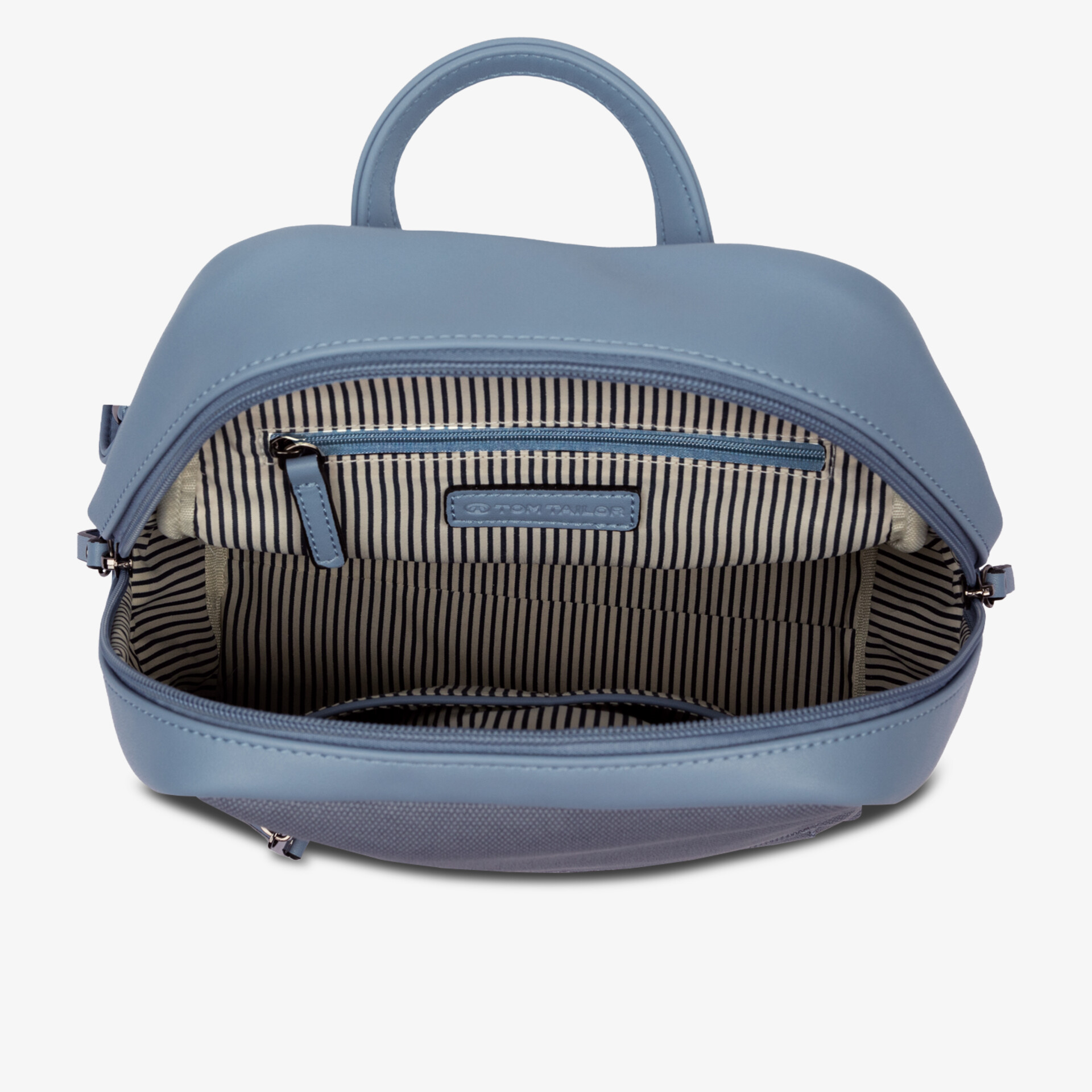 Hellblaue Handtasche mit offenem Hauptfach und gestreiftem Innenfutter, geräumig und praktisch