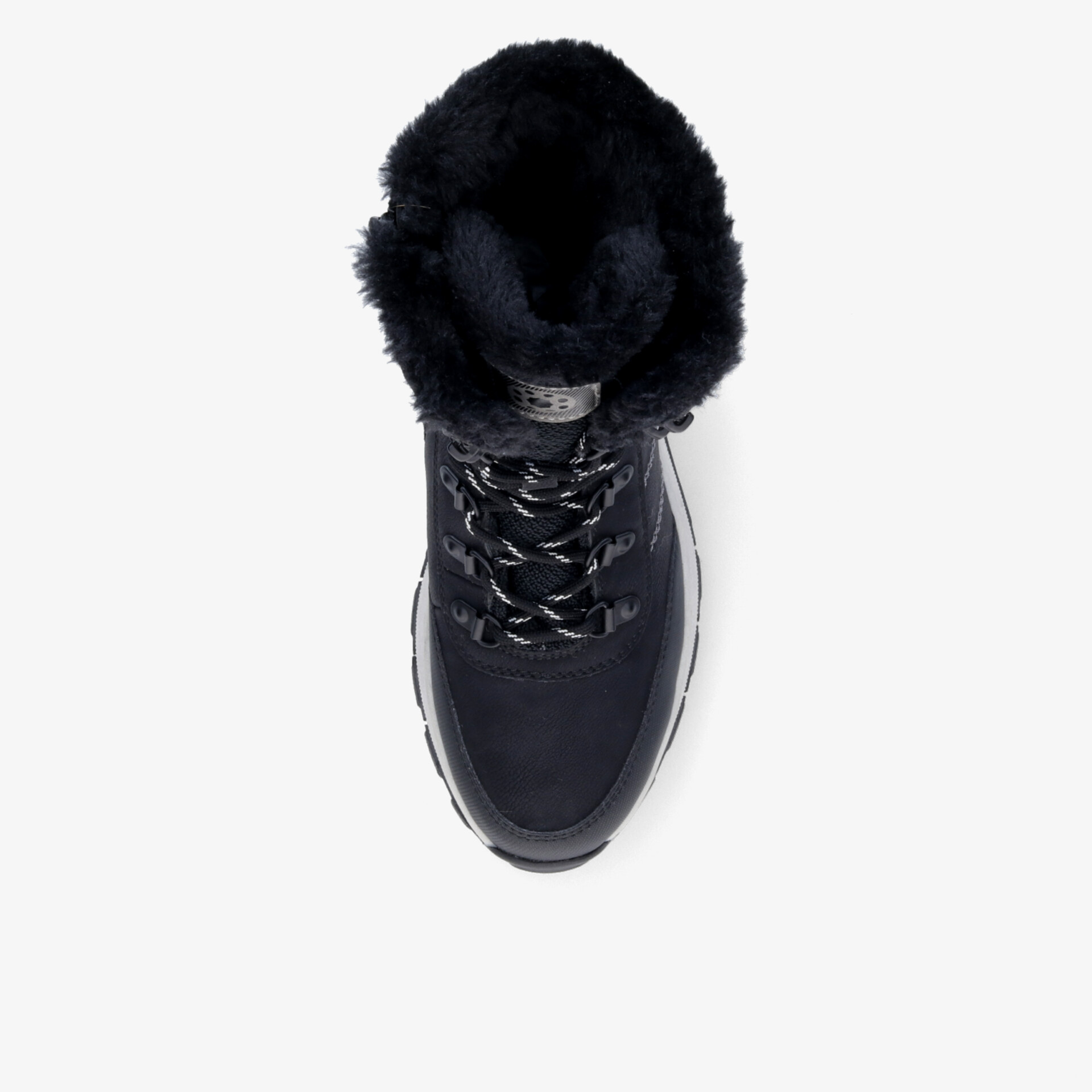 Schwarzer Winterschuh mit warmem, kuscheligem Fellfutter und robuster Schnürung in Draufsicht