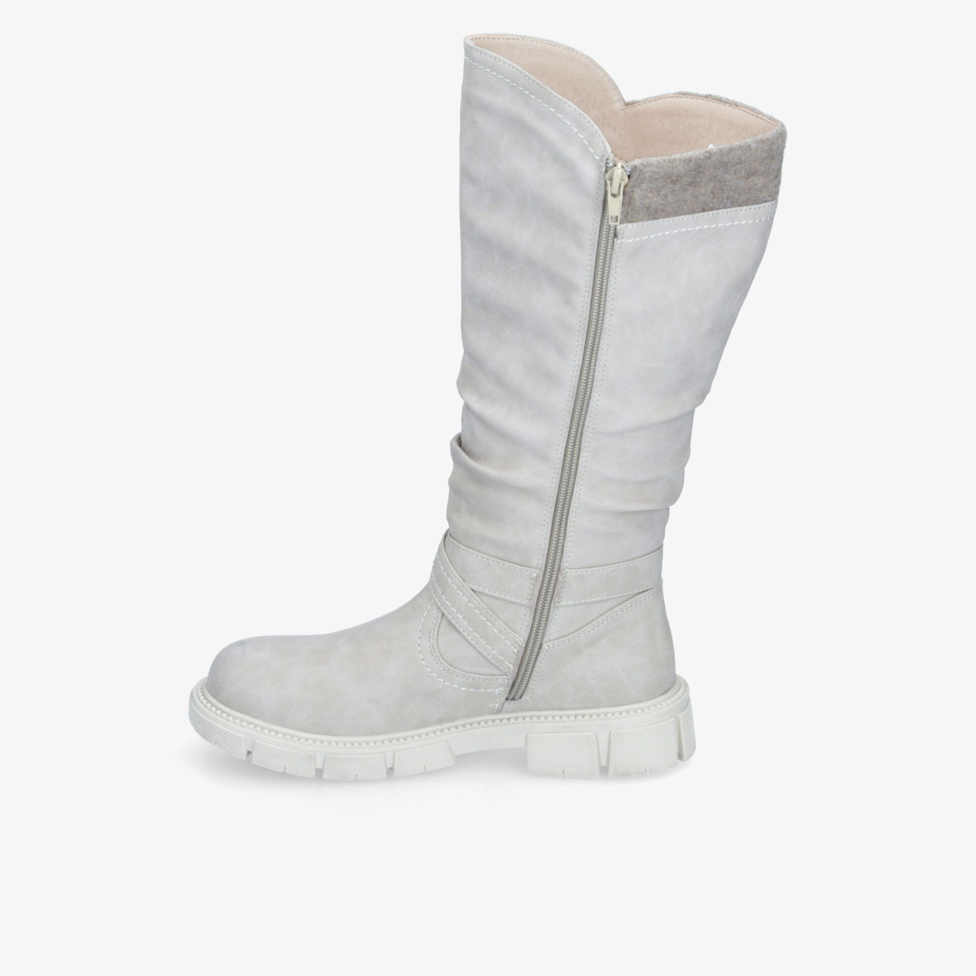 Weißer kniehoher Stiefel mit seitlichem Reißverschluss und robuster Sohle für hohen Tragekomfort