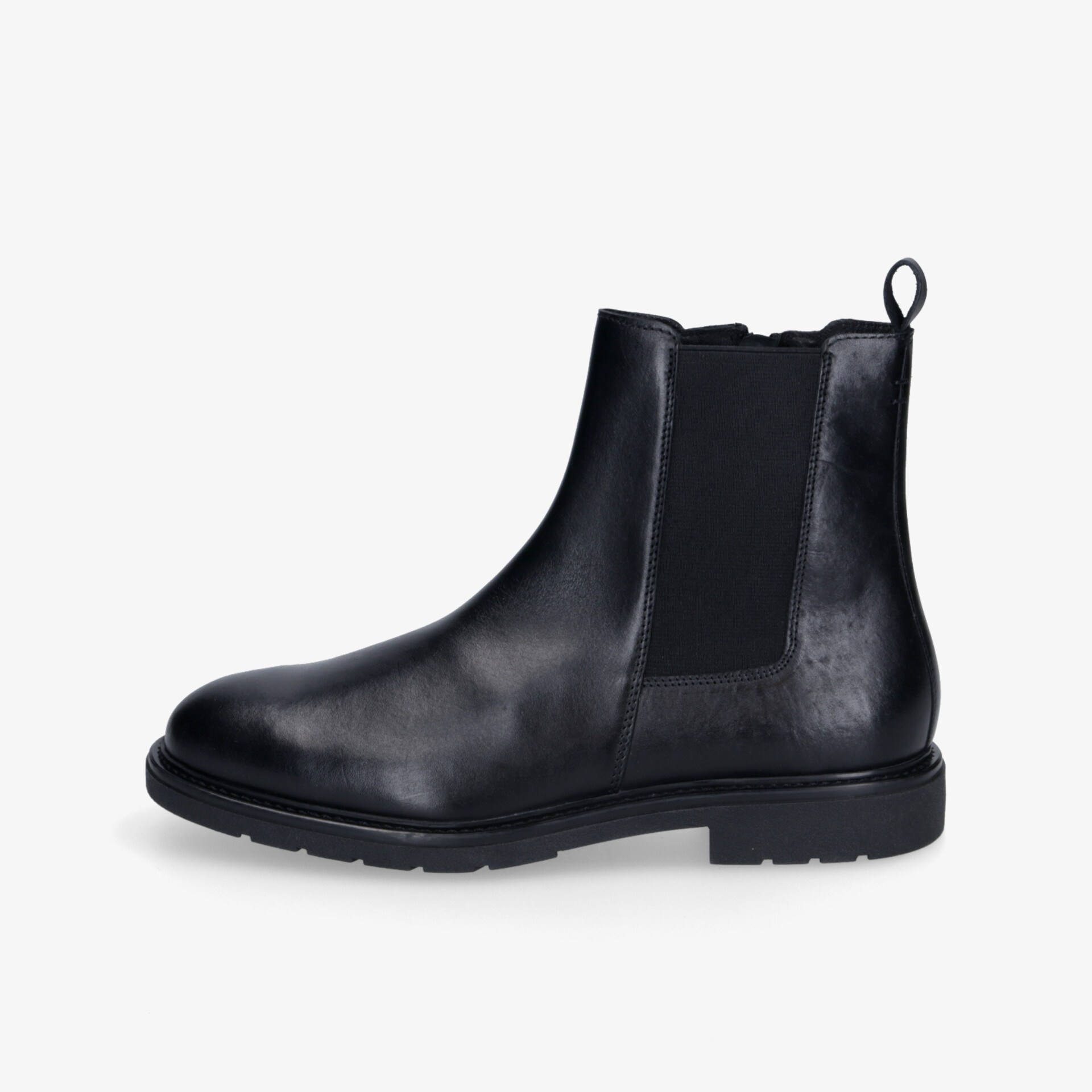 Eleganter schwarzer Chelsea Boot aus Leder mit elastischen seitlichen Einsätzen und robuster Sohle in Seitenansicht