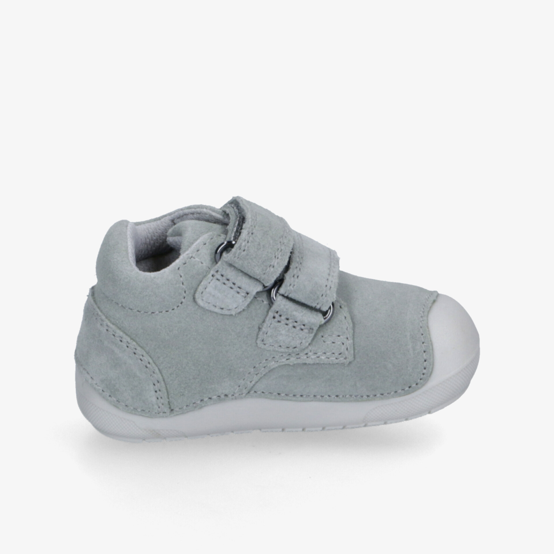 Grauer Kinderschuh mit zwei Klettverschlüssen, weichem Material und rutschfester Sohle für bequemen Halt