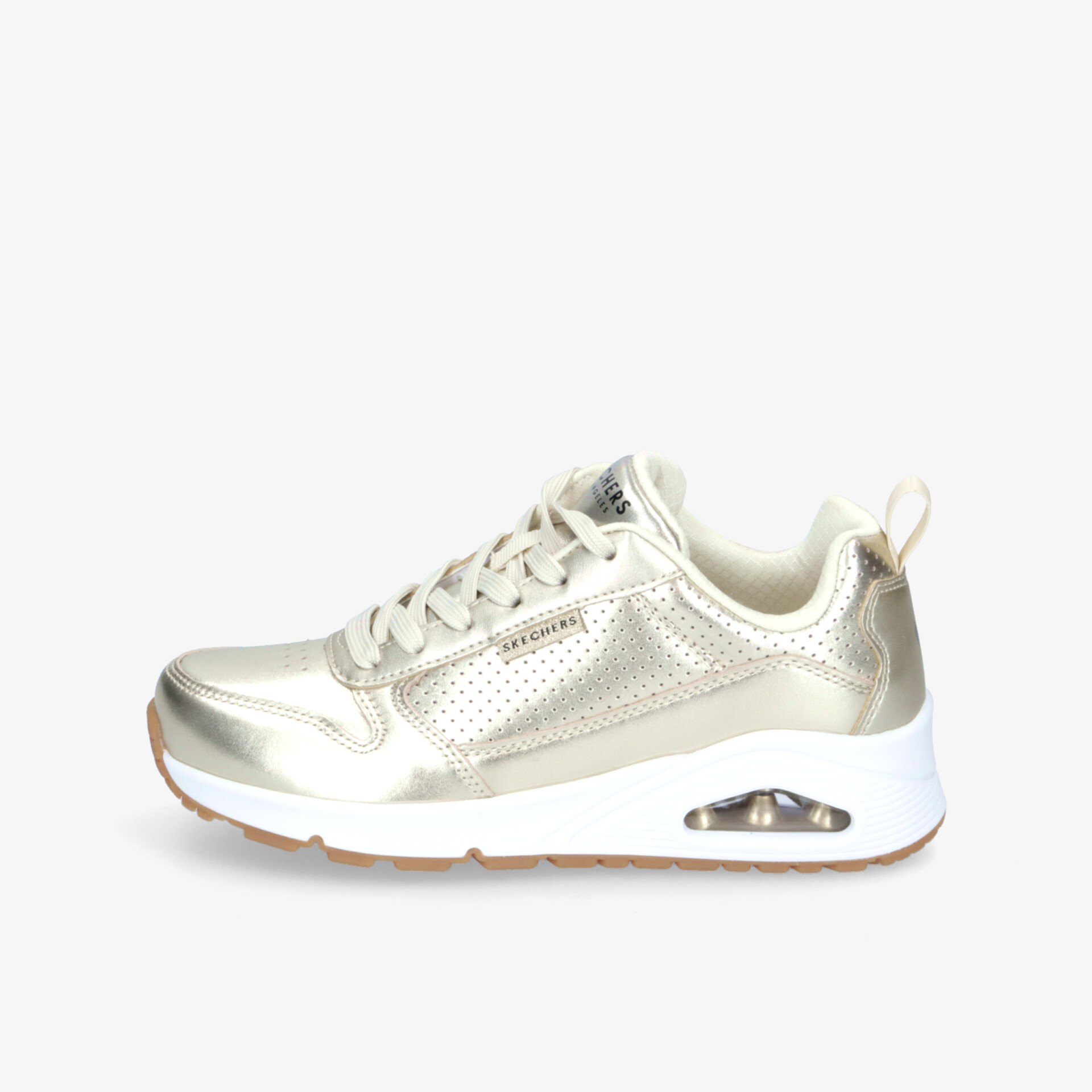 Sportlicher leichter Sneaker in gold mit atmungsaktivem Material und dämpfender Sohle, seitliche Ansicht