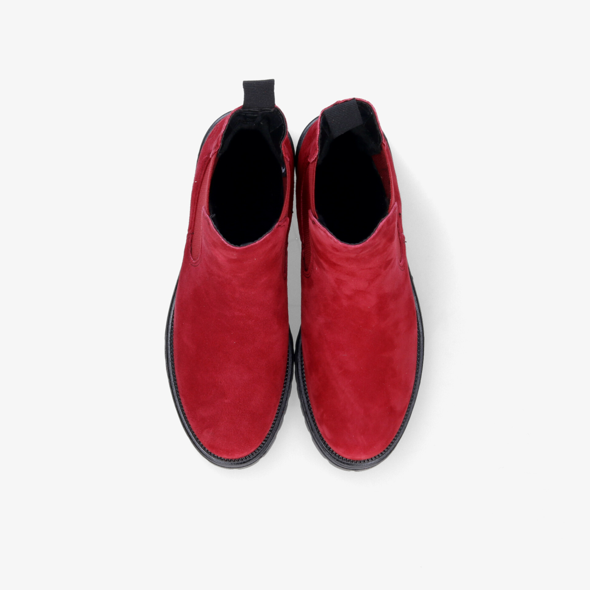 Rote Lederschuhe in eleganter Ausführung mit rutschfester Sohle, bequem und langlebig, Paar in Draufsicht