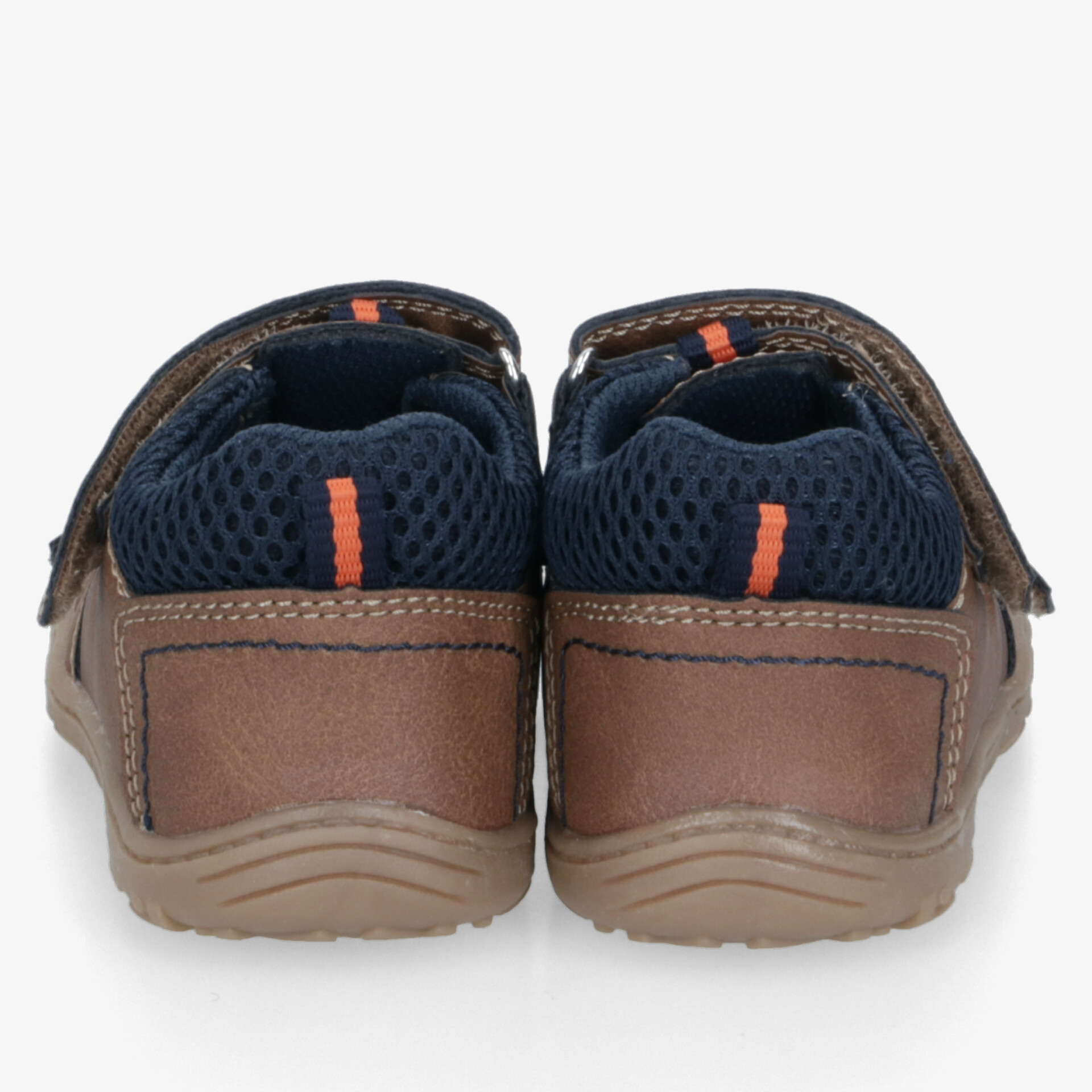 Robuste braun-blaue Sportschuhe mit atmungsaktivem Material und praktischem Klettverschluss, Rückansicht