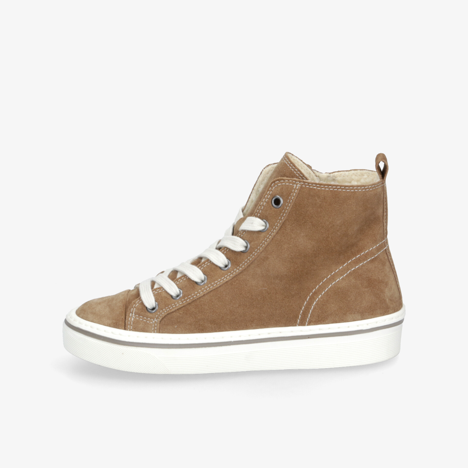 Camelfarbener High-Top Sneaker aus Veloursleder mit weißen Schnürsenkeln und gepolsterter Nähtrandsohle