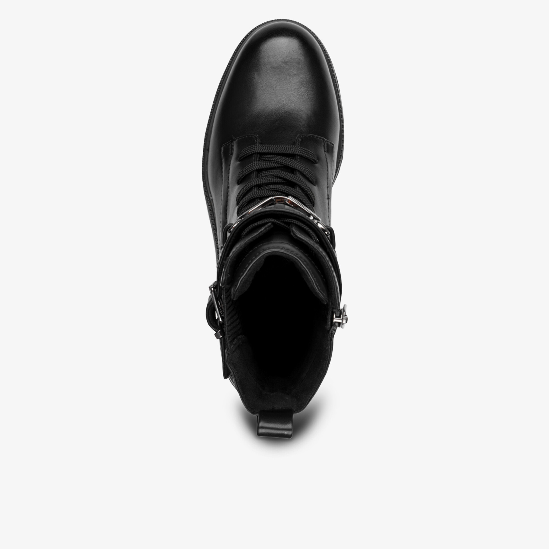 Schwarzer Stiefel mit hohem Schaft und robuster Schnürung aus glattem Leder, modisch und komfortabel