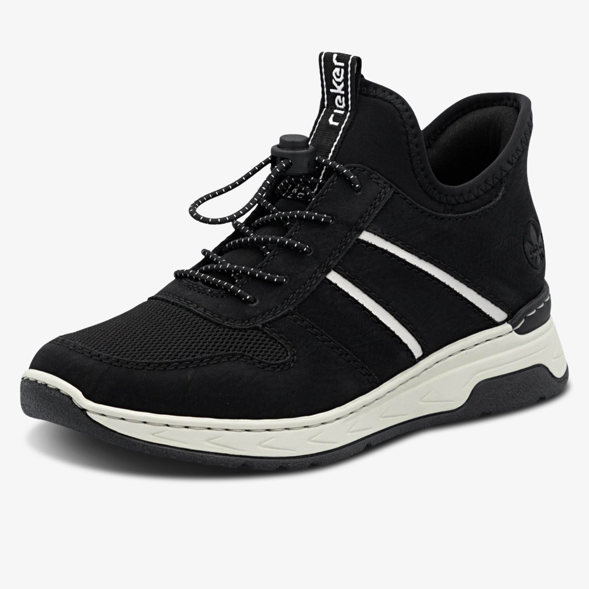 schwarzer leichter Sneaker mit weißer Sohle und praktischem Schnürverschluss, sportlich und bequem