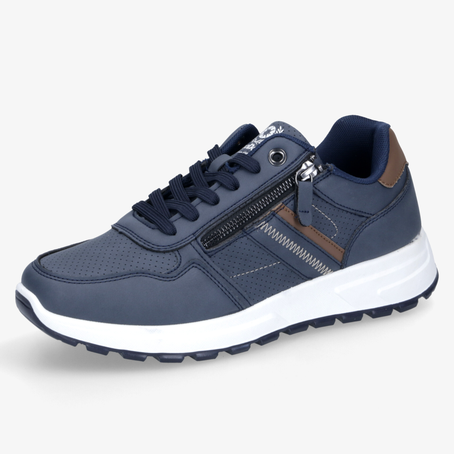 Moderner blauer Sneaker mit Reißverschluss und Schnürsenkeln, komfortable leichte Sohle für sportlichen Alltag