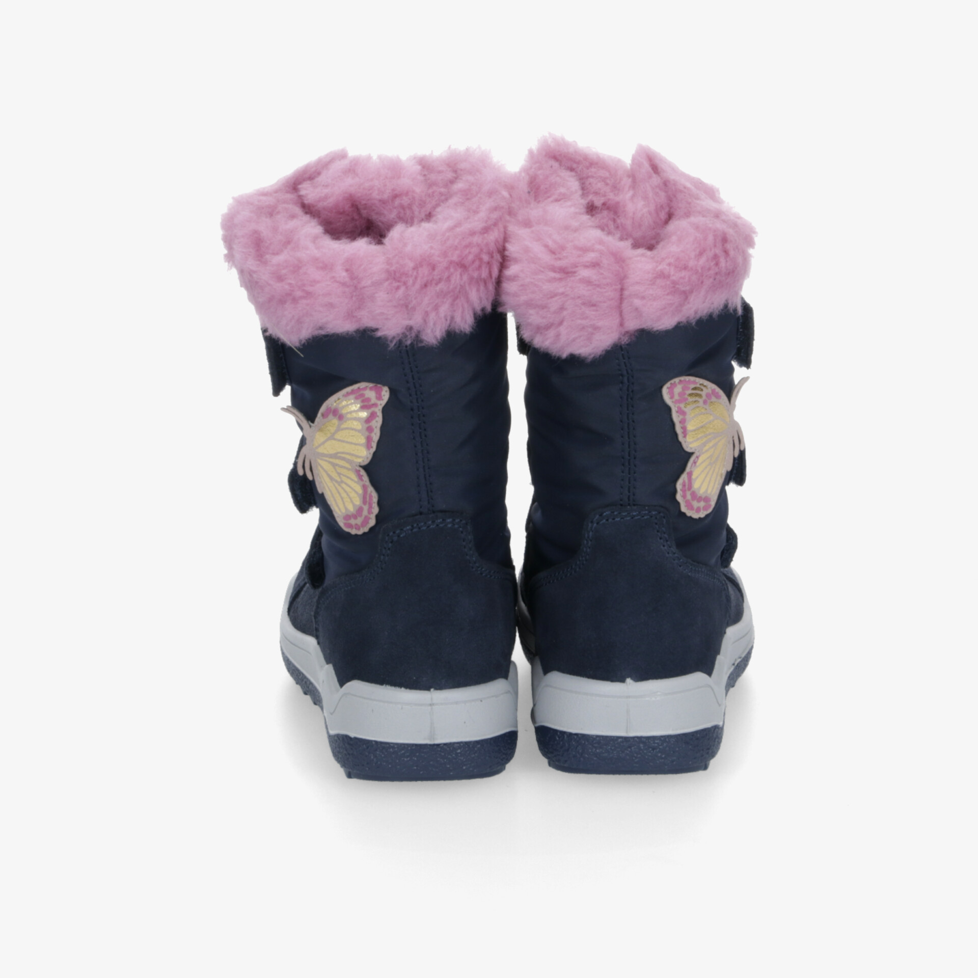 Winterstiefel mit warmem rosafarbenem Fell, Schmetterlingsmotiv und stabilem, rutschfestem Profil hinten