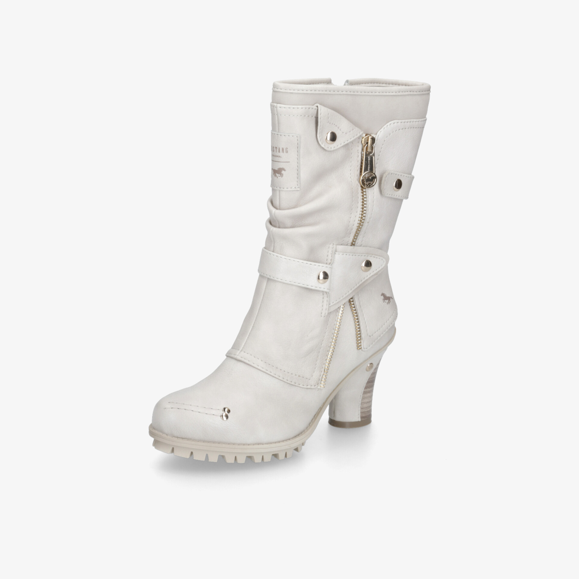 Weißer Stiefel mit mittelhohem Absatz und seitlichem Reißverschluss, markanter Ristriemen und rutschfester Sohle