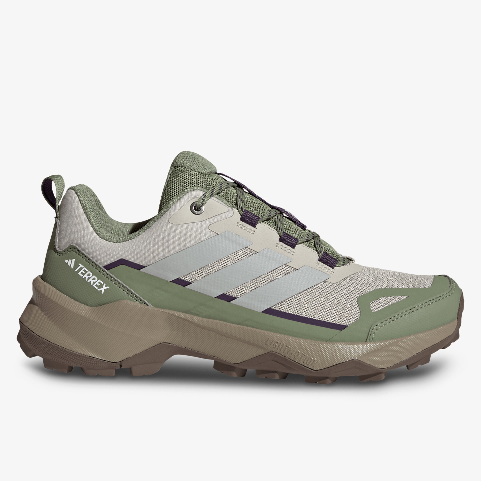 Seitliche Ansicht eines robusten, leichten und atmungsaktiven Outdoor-Trekkingschuhs mit rutschfester Sohle