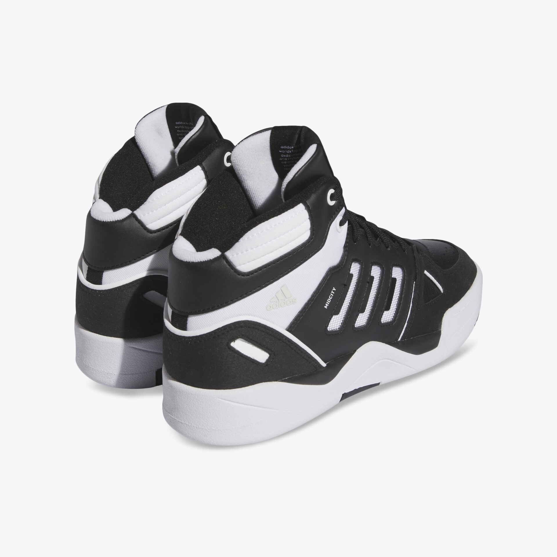 Robuster hoher Sneaker in schwarz-weiß mit gepolstertem Schaft und sportlichem Design, Rückansicht