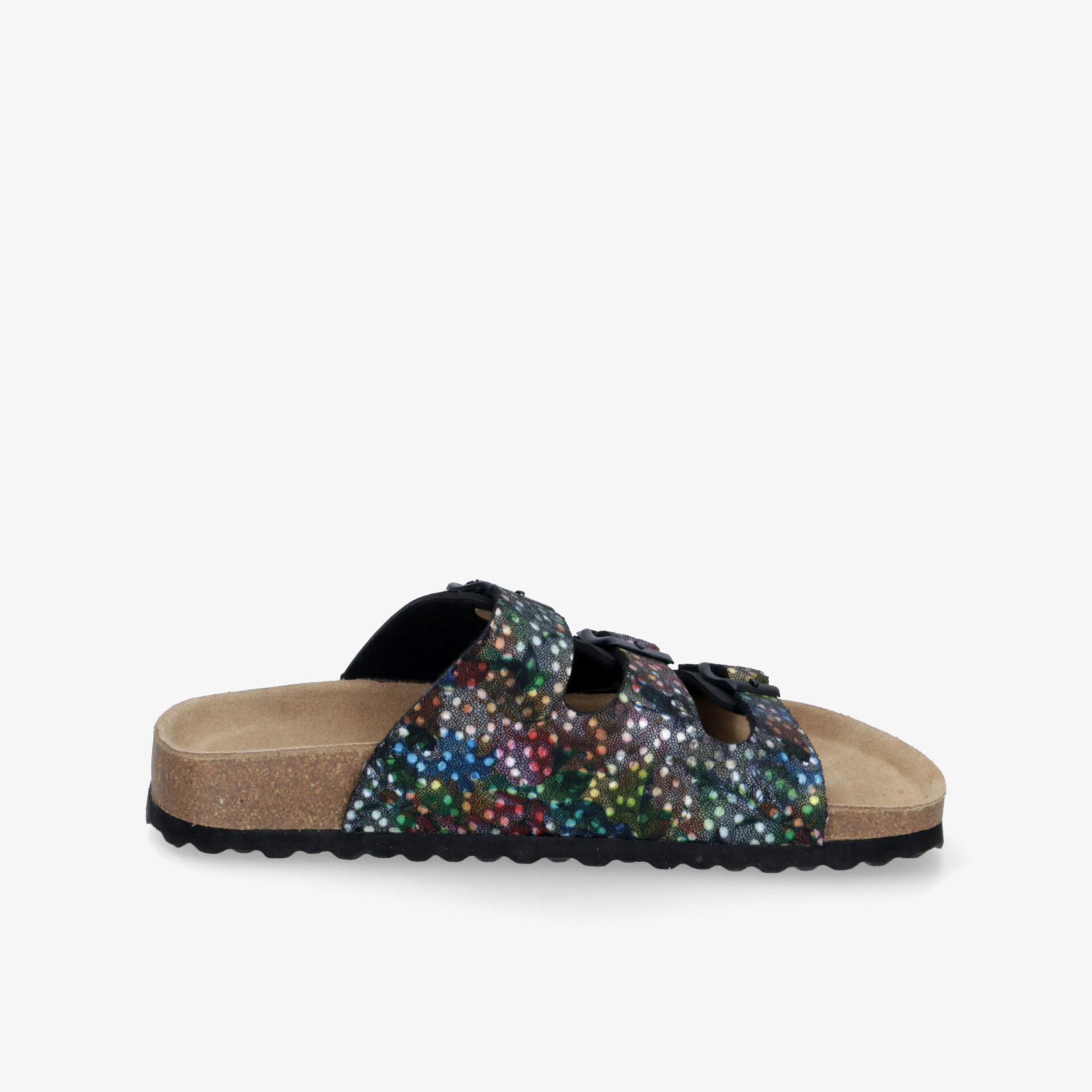 Seitliche Ansicht einer bequemen Sandale mit gepolsterter Innensohle und verstellbaren Riemen in buntem Design