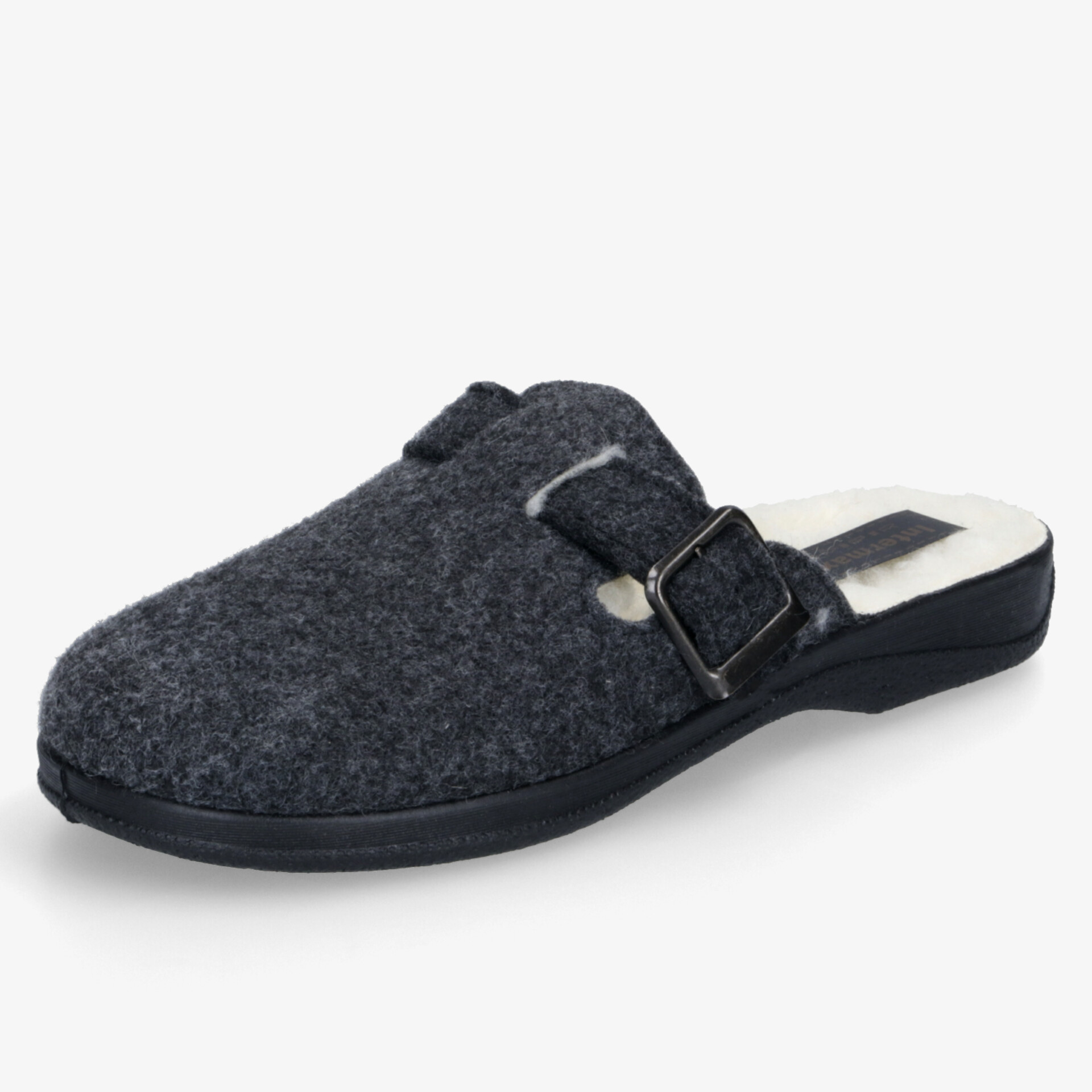 Bequemer schwarzer Filz-Hausschuh mit verstellbarer Schnalle und rutschfester Sohle für hohen Tragekomfort