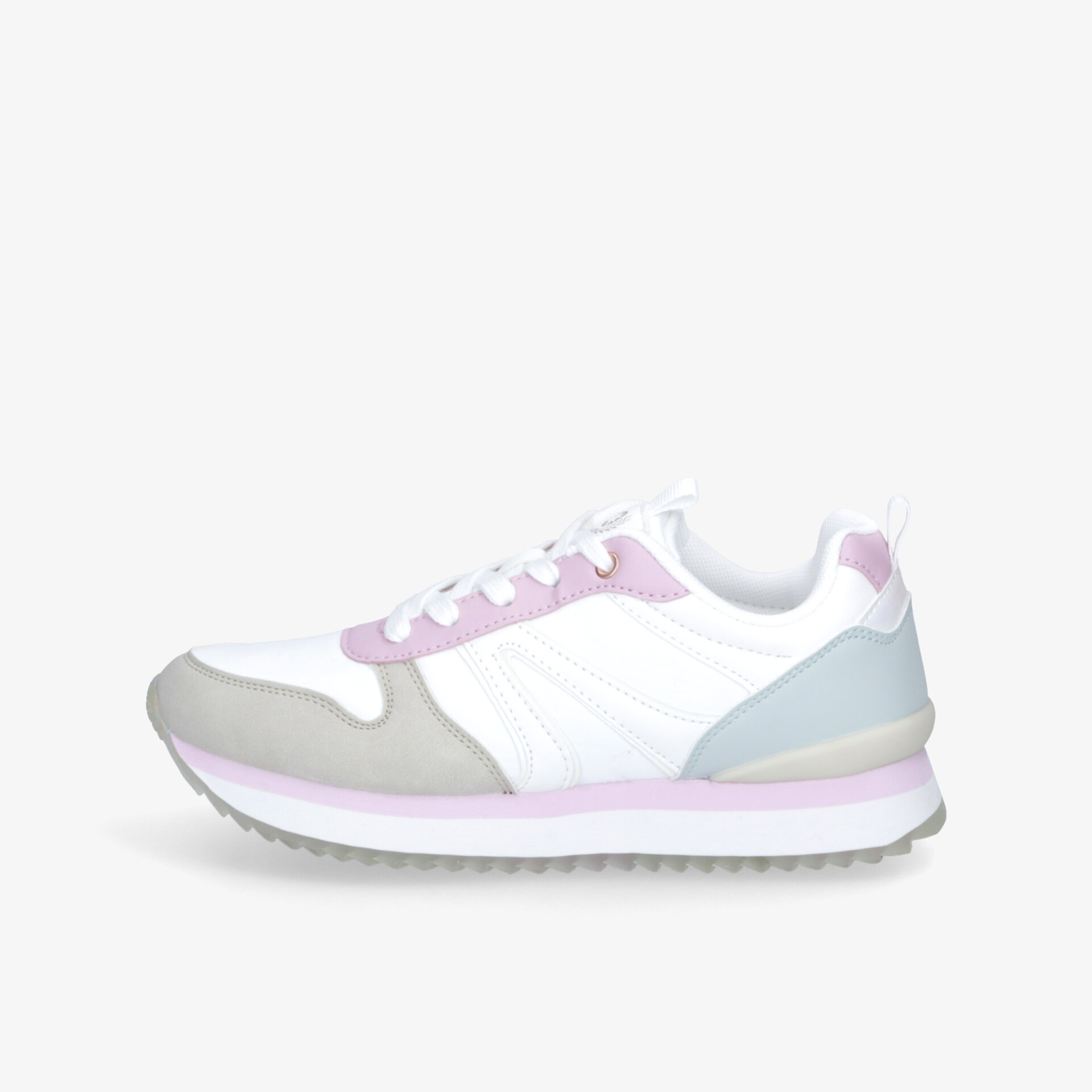 Leichter Sportschuh in Pastellfarben mit atmungsaktivem Material und bequemer Passform, seitliche Ansicht