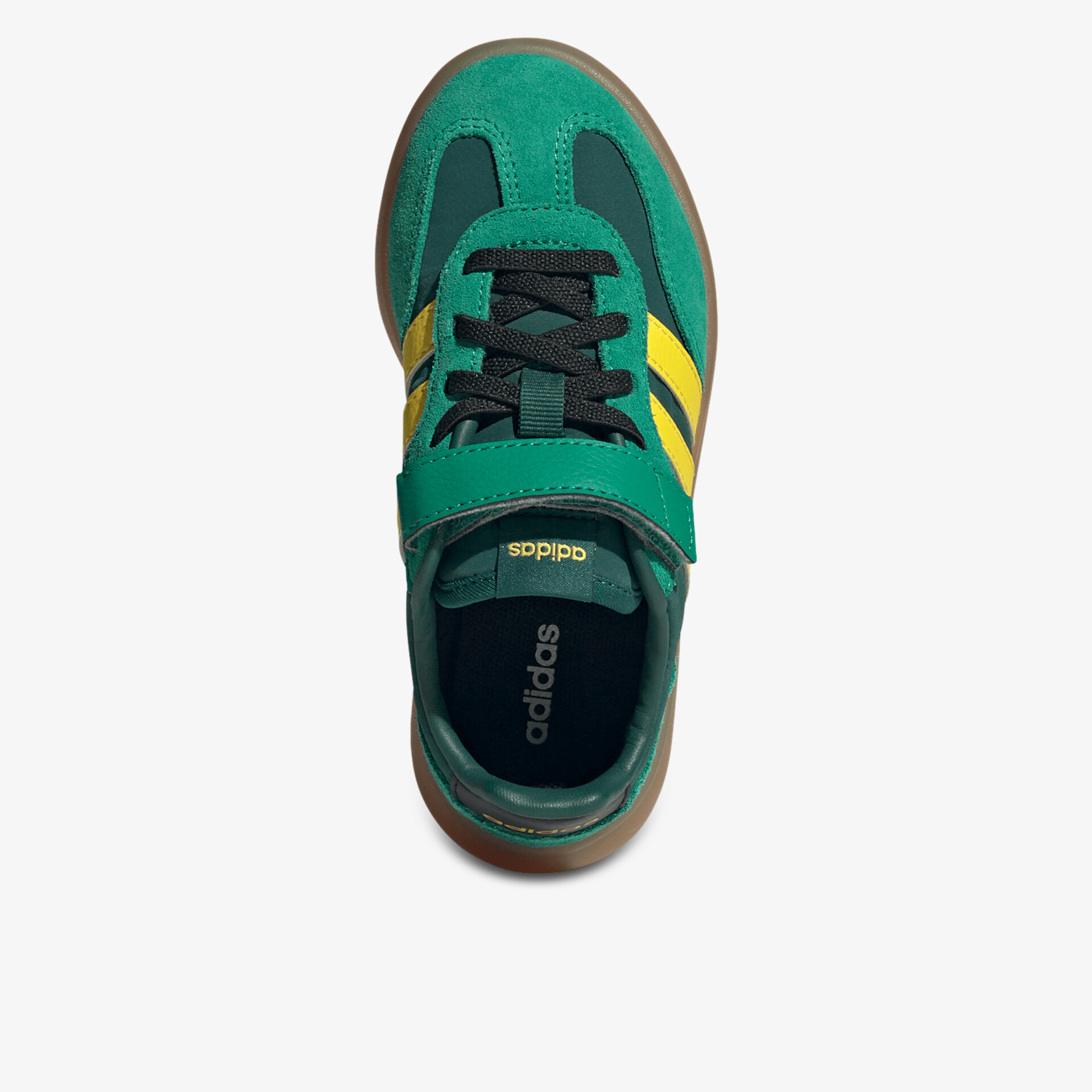 Grüner sportlicher Sneaker mit gelben Akzenten, bequemer Sitz und rutschfester Sohle, Draufsicht