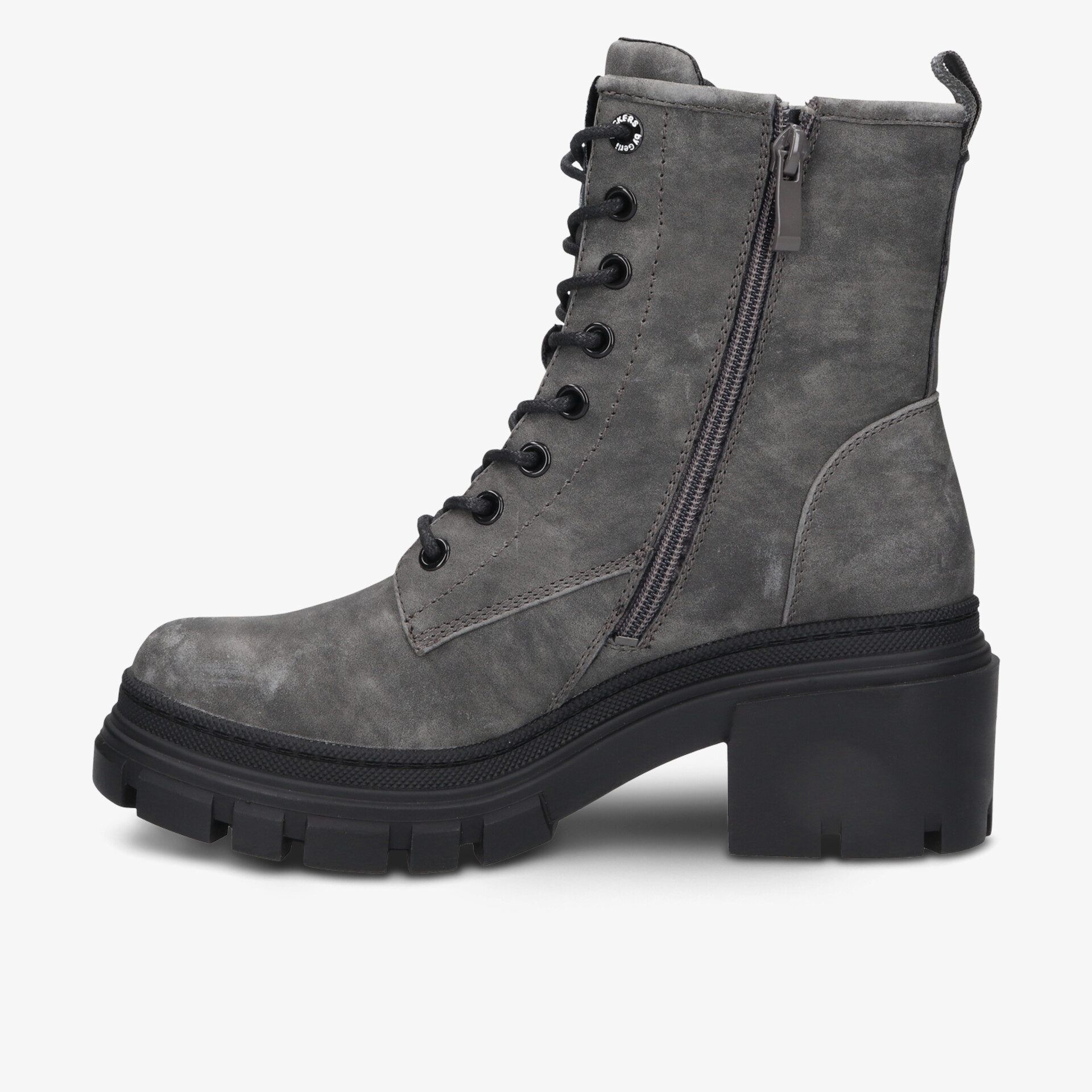 Grauer Schnürstiefel mit robustem Blockabsatz, seitlichem Reißverschluss und grober Profilsohle für sicheren Halt