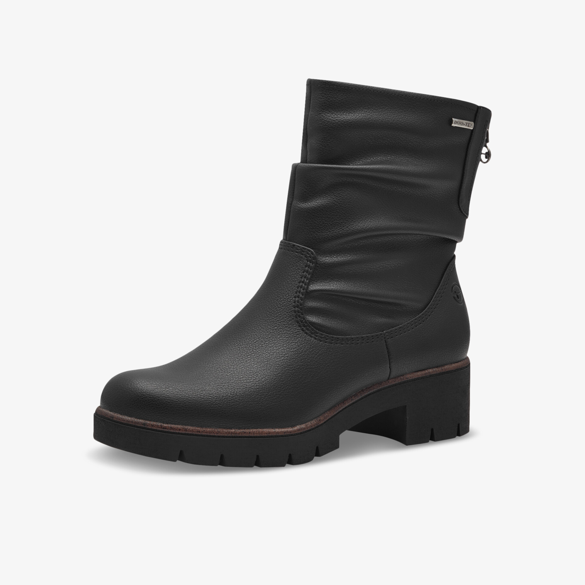 Schwarzer Stiefel mit mittelhohem Blockabsatz und praktischem Reißverschluss, elegant und komfortabel