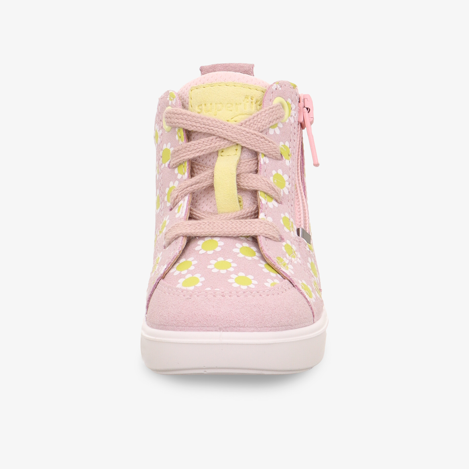 Rosa Kinderschuh mit Blumenmuster, bequemer Schnitt, Schnürsenkel, seitlicher Reißverschluss, Frontansicht