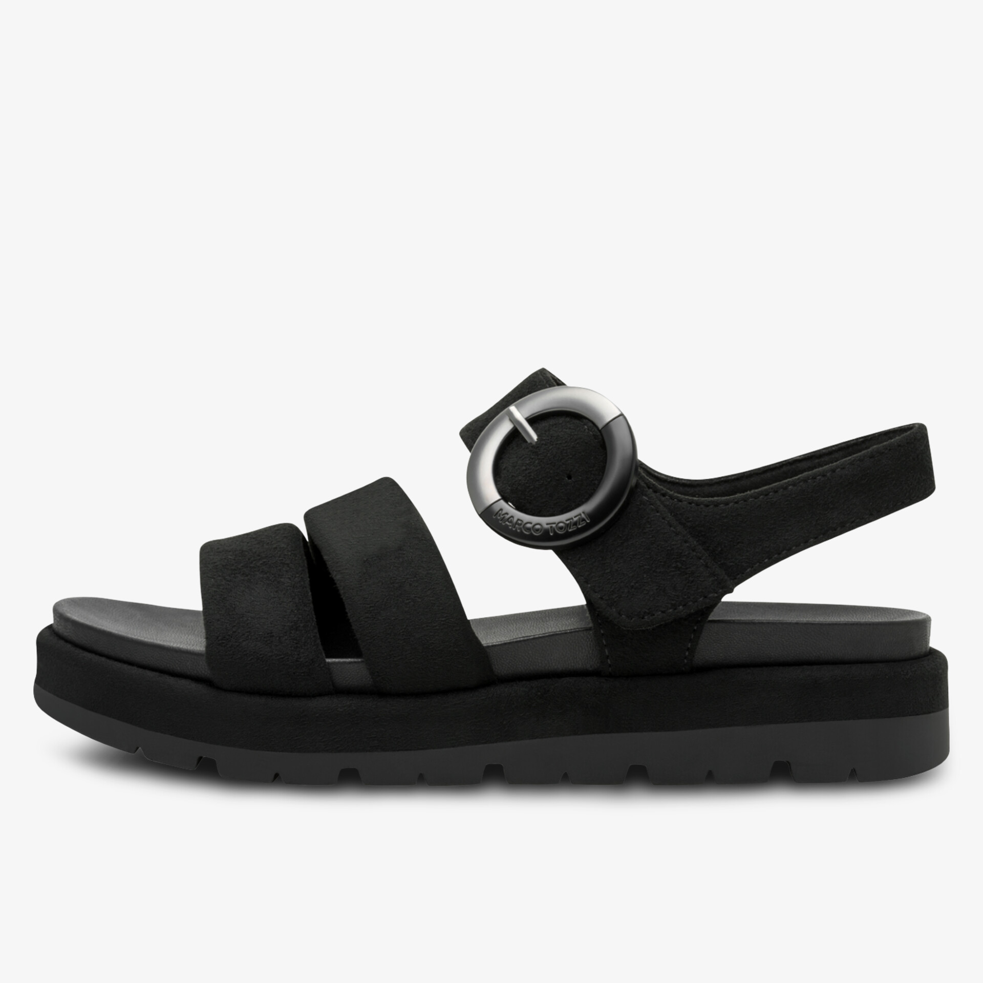 Schwarze Sandale mit bequemer Sohle, verstellbarem Riemen und runder Metallschnalle für optimalen Komfort